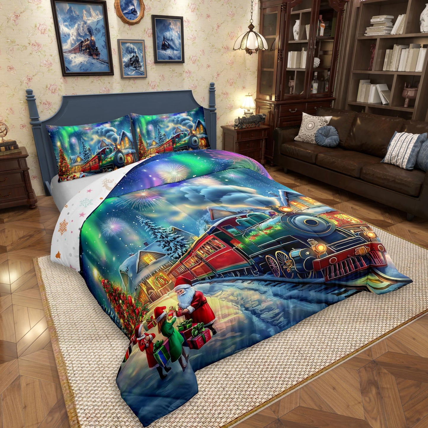 Erosebridal Aurora Train Twin Comforter Set,Steam Train Bedding Set Xmas Gifts for Boys Girls Kids,Christmas Tree Santa Claus Quilt Bed Set Winter Scene Bed Comforter Set 2Pcs Bedroom Decor