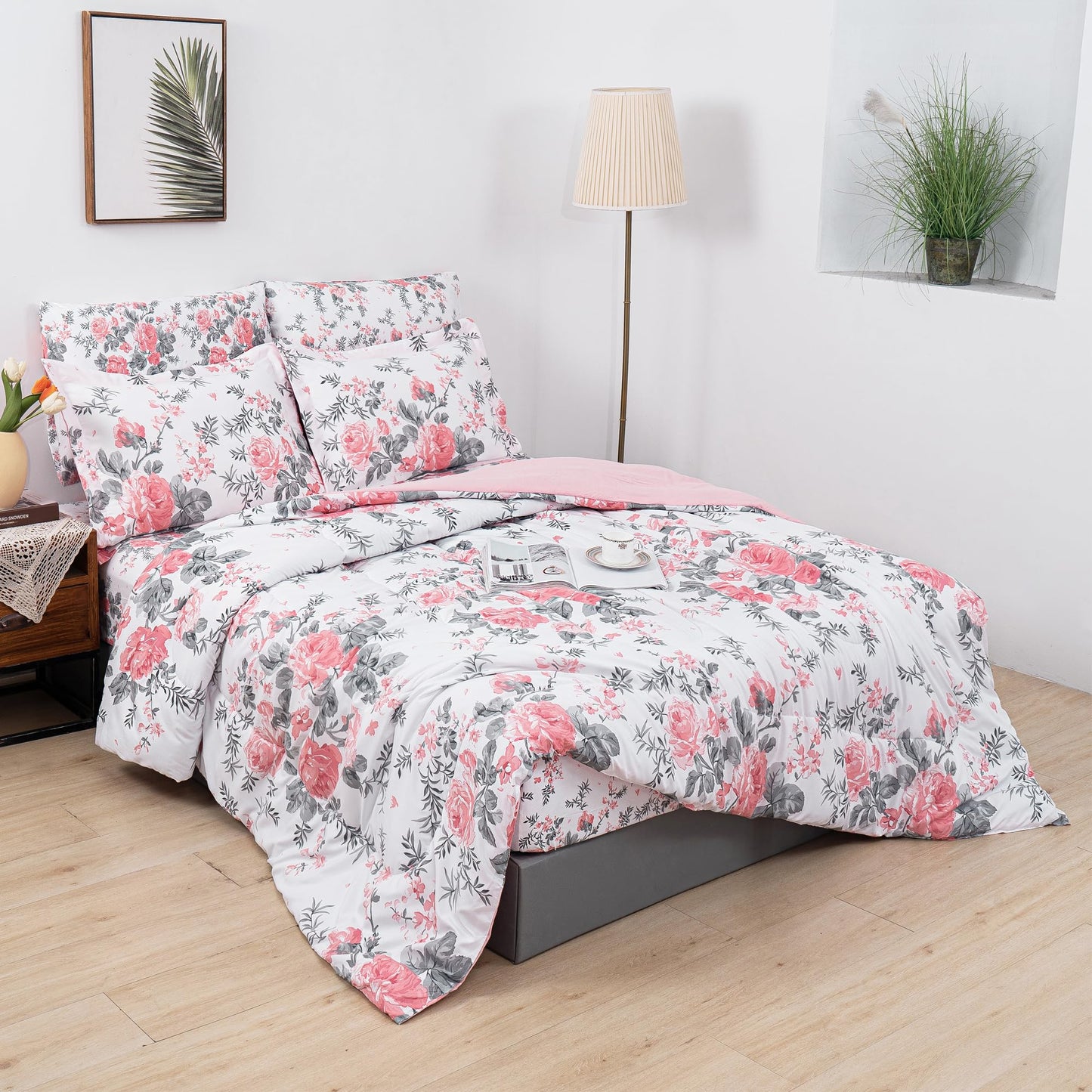 lasoftan Floral King Comforter Set with Sheets, 7 piece Luxury Vintage Bedding, Soft Microfiber Bed in a Bag, Cozy Lightweight Bed Set, Pink Flower Grey Leaf