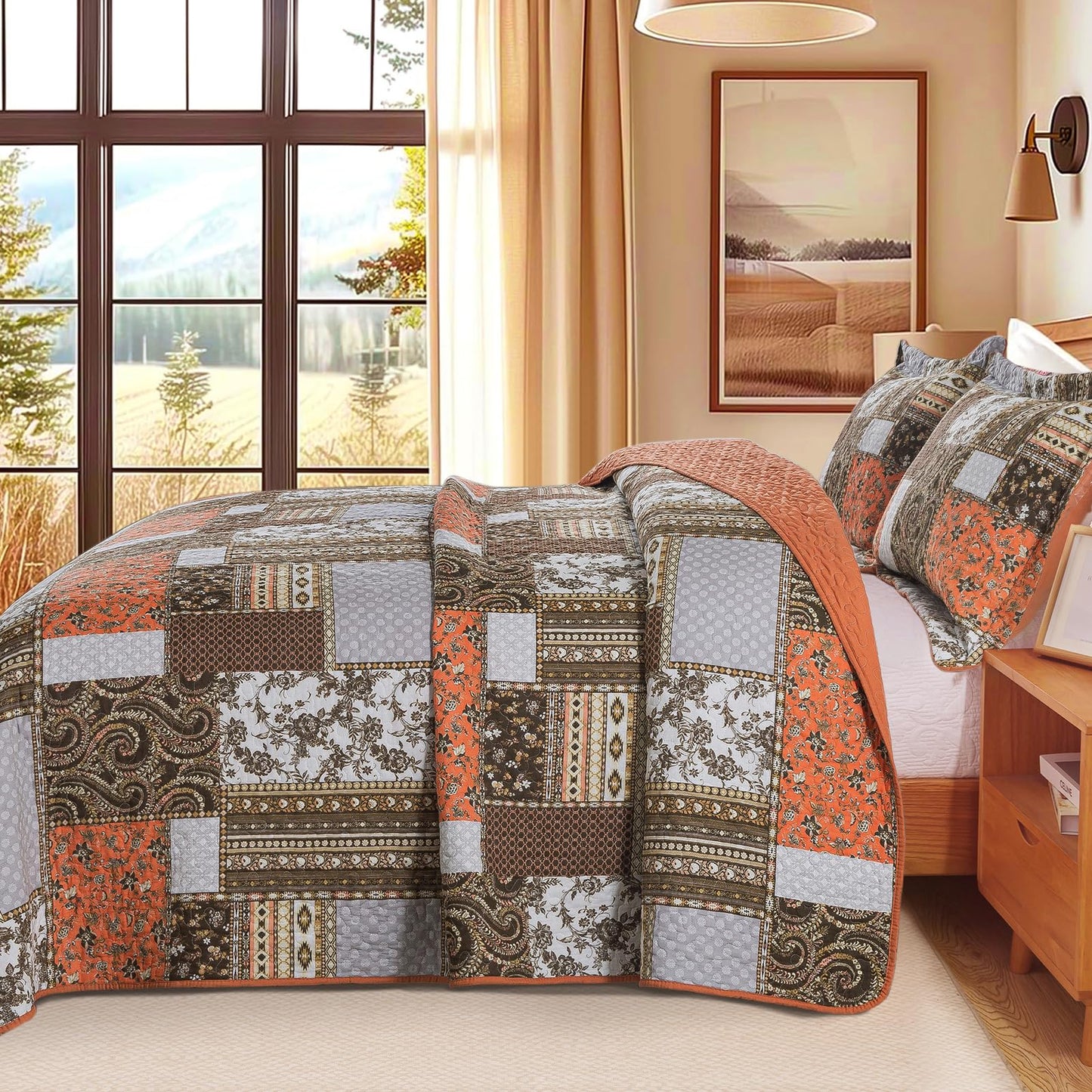 BEDIFANY Farmhouse Cotton Quilts Queen Size for Fall - Lightweight Patchwork Autumn Bedspread Set for Bed Coverlet - Highly-Woven Soft Reversible Bed Spread for All Seasons (Floral Orange) 3 Pieces