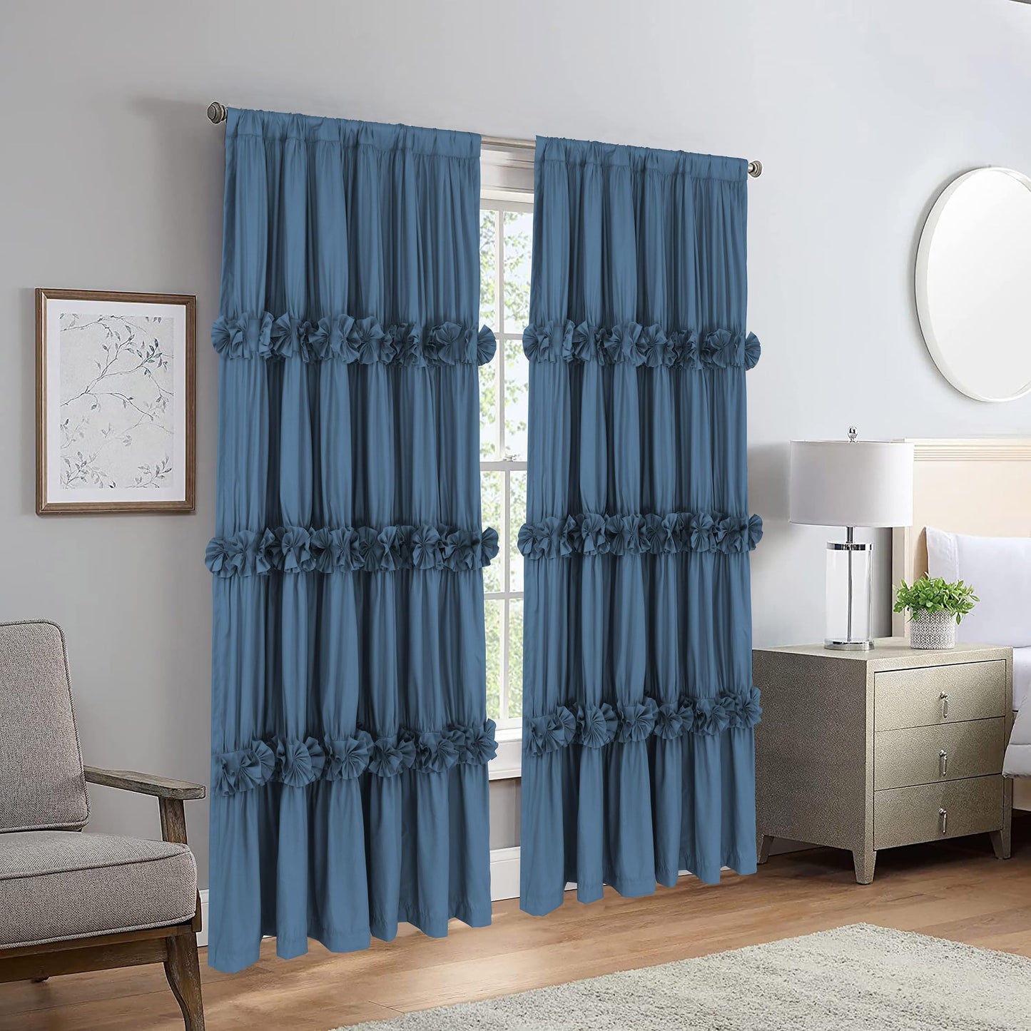 Homechoice Decor Thermal Insulated Blackout Window Curtains, 54" W x 84" L x 2 Panels, Boho Ruched Window Treatments with 3 Rows of Butterfly Flowers, Rustic Rod Pocket Drapes, Dusty Blue (LQ-30)