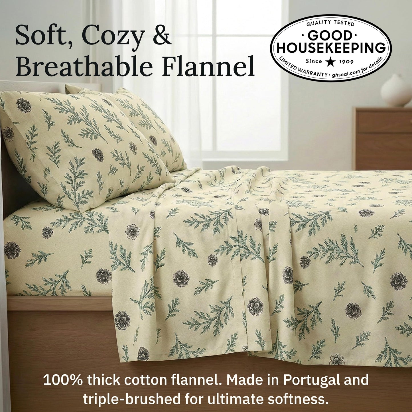 California Design Den Flannel Sheets Queen Size Bed Set - Made in Portugal 100% Cotton, Thick, Velvet Soft 4-Piece Queen Size Sheet Set, Triple-Brushed with Extra Deep Pockets - Woodland Motif