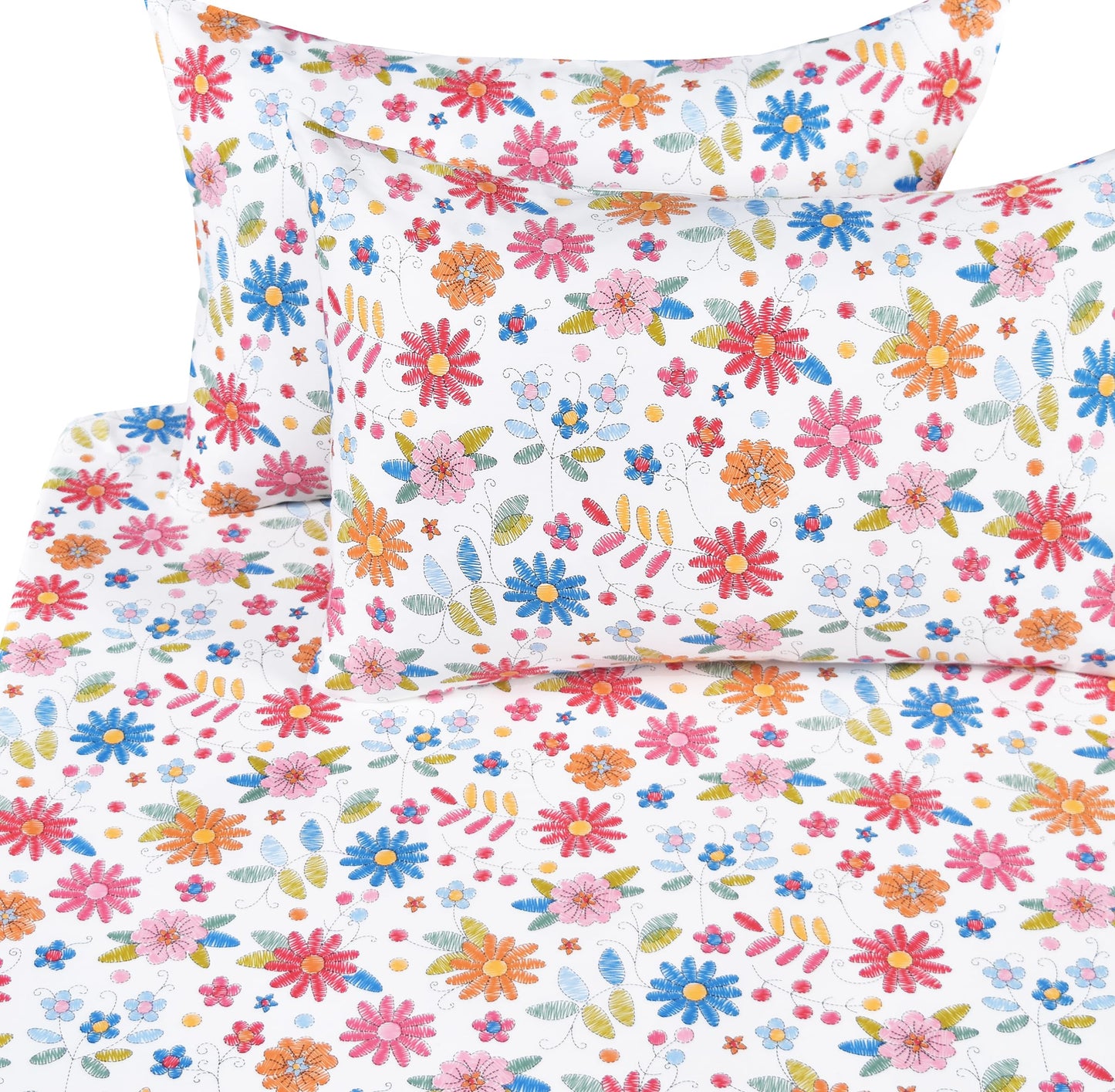 Scientific Sleep Kids Hand Sketch Flower Leaves Pastoral Garden Cute 100% Cotton 4 Pcs Full Bed Sheet Set Kids Toddler Teen, Flat Sheet & Fitted Sheet & Pillowcase Girls Bedding Set