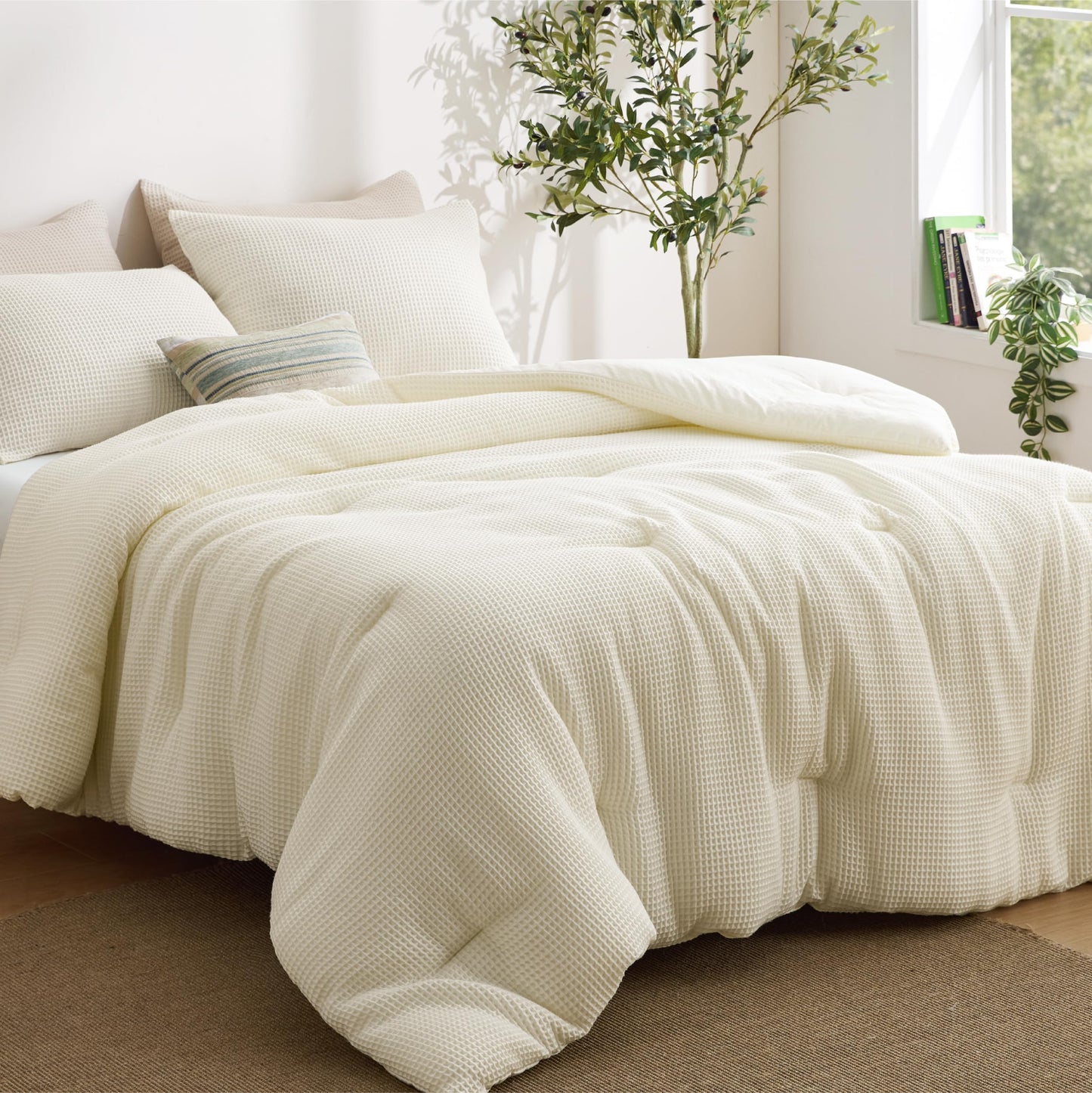 Bedsure Cream Queen Bedding Comforter Set, Waffle Breathable Bedding Set, All Season Comforter with 3 Pieces, 1 Waffle Weave Comforter (90"x90") and 2 Pillowcases (20"x26")