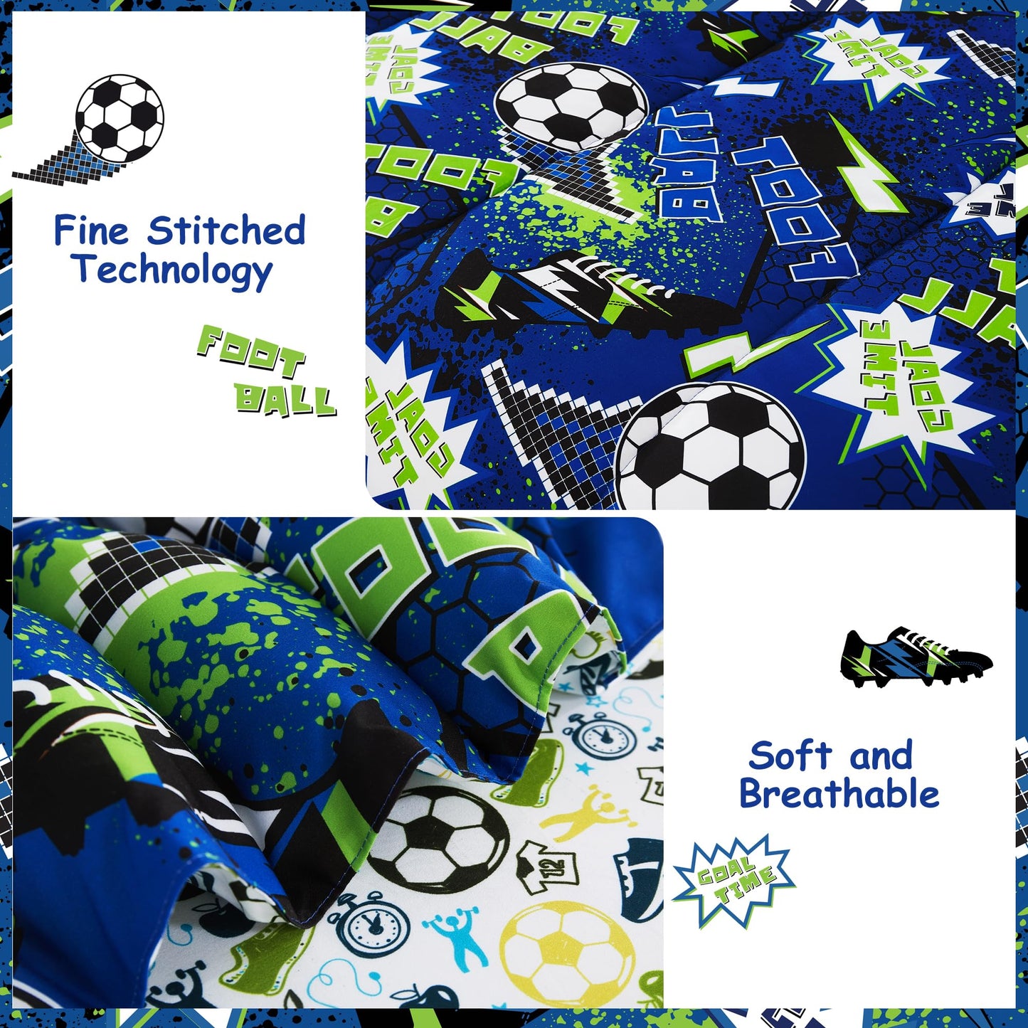 Mooreeke Kids Twin Comforter Sets for Boys 6 Pieces Cool Football Bedding Set for Teens Microfiber Blue Green Soccer Kids Bed in A Bag with Comforter, Sheet Set, Shams and Decorative Toy Pillow