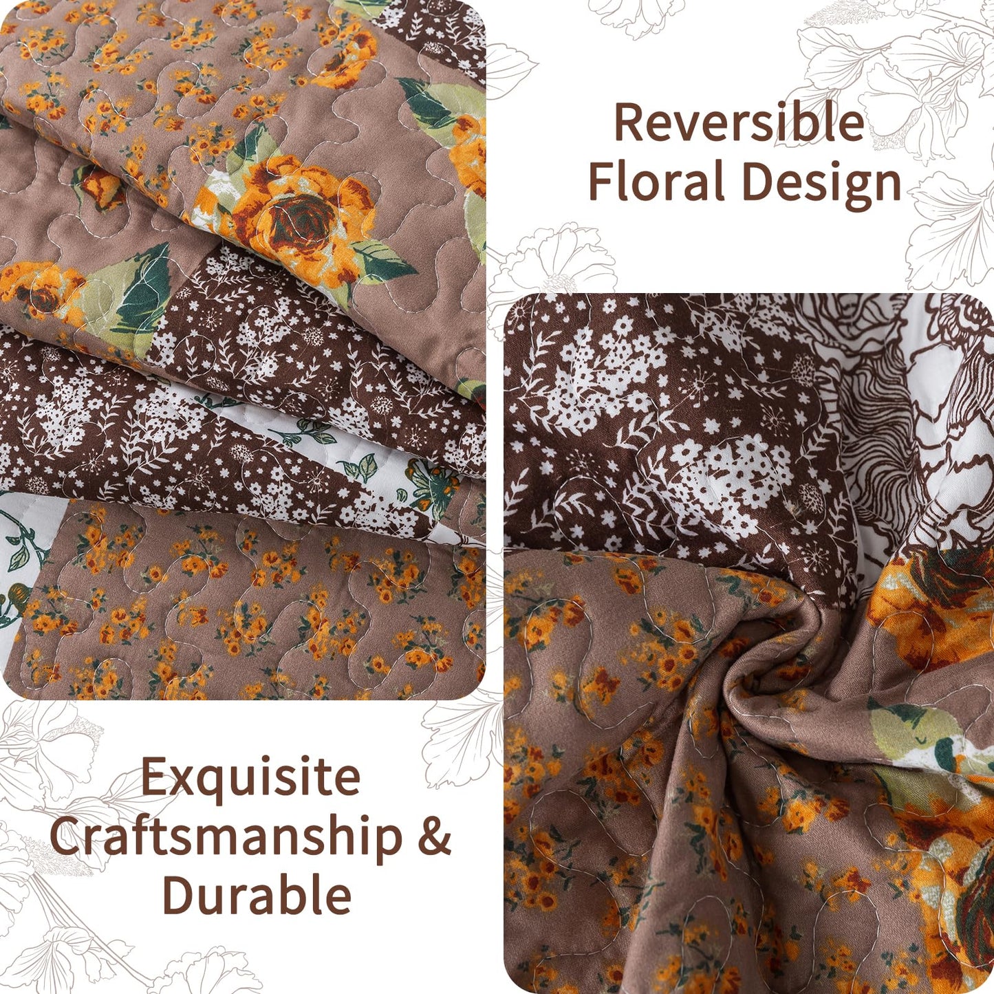 VAPUTAR Quilts Queen Size, Quilt Bedding Set with Floral Pattern, Soft and Breathable Coverlet Set, Lightweight Reversible Bedspread Suitable for All Season (90X98 inch, Brown)