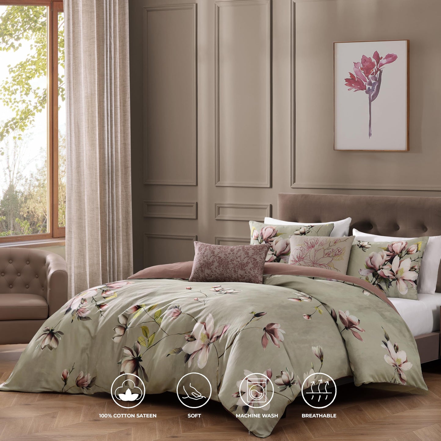Bebejan Purple Lilies 100% Cotton Sateen 5 Piece Comforter Set, Purple Floral Reversible Bedding Comforter Set, 1 Comforter, 2 Shams & 2 Pillows (King/Cal King)
