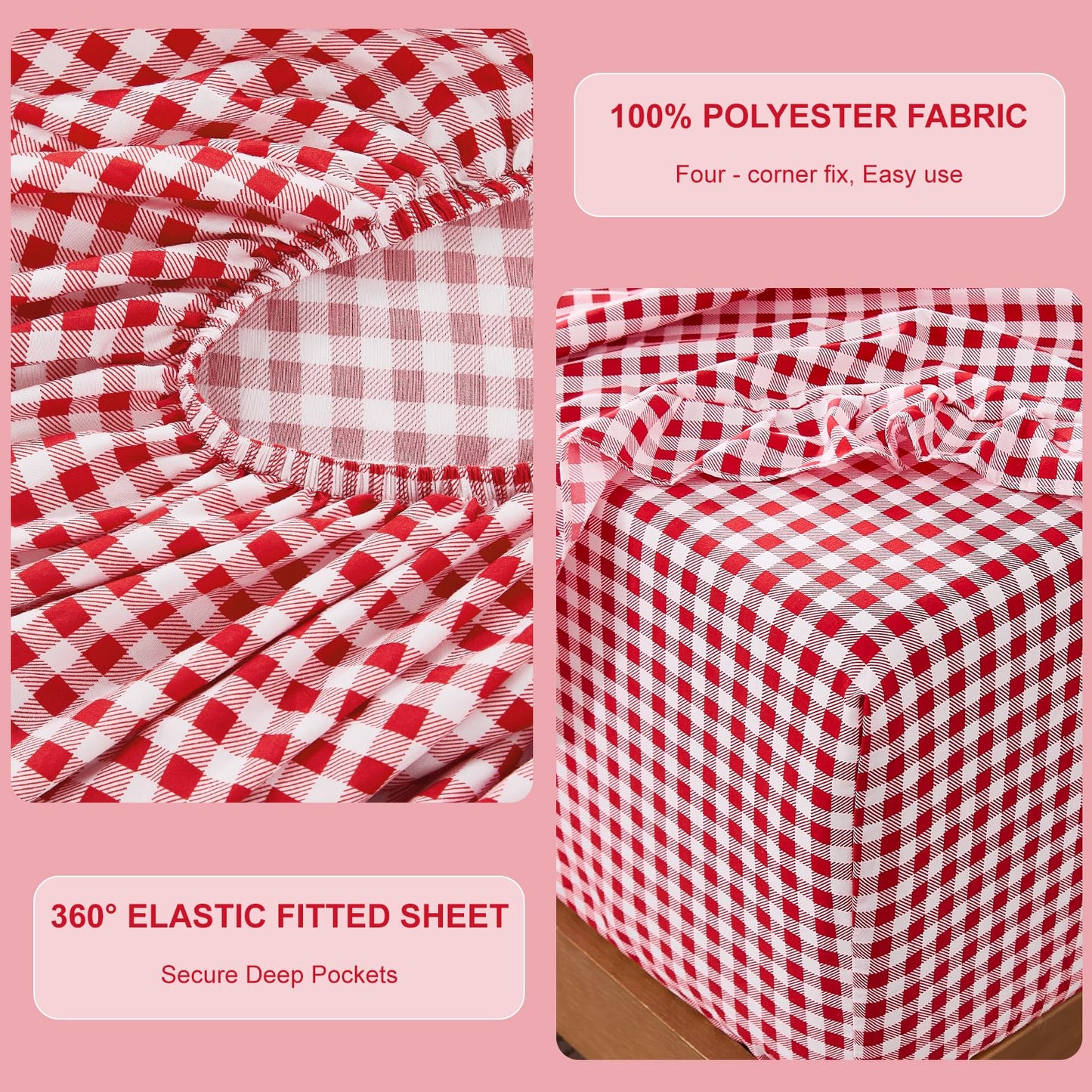 kisswish Gingham King Sheet Set, Lightweight Super Soft Brushed Microfiber Plaid Bed Sheets with 16" Deep Pocket, 4 Piece Ruffle Farmhouse Bedroom Decor, Red
