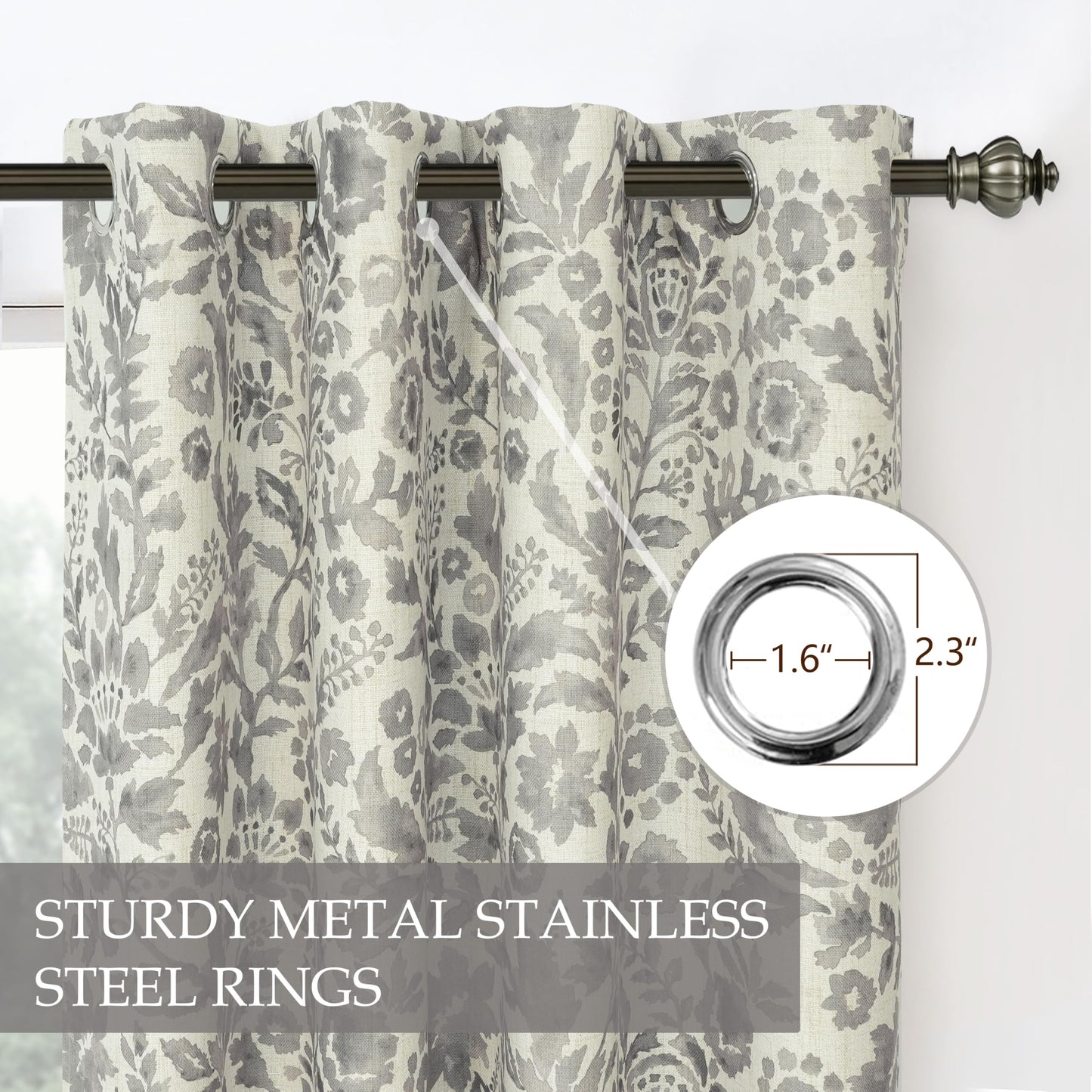 DriftAway Julia 100% Blackout Linen Curtains for Bedroom Gray Floral Watercolor Pattern Double Layer Thermal Insulated Sound Reducing Drapes for Living Room Grommet 2 Panels Each W52 x L84 Linen Gray