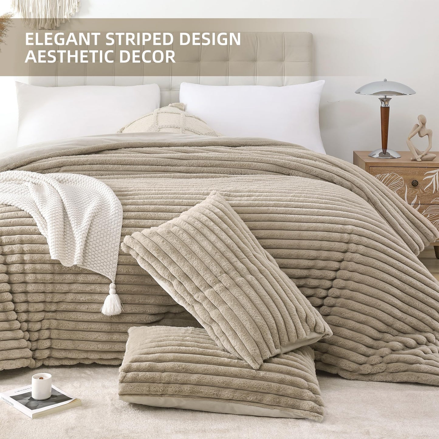 Smoofy Fluffy King Size Comforter Set 3 Pieces - Linen Fleece Fluffy Comforter Set, Luxury Fuzzy King Bedding Set, Soft King Bed Set All Season, Heavy Faux Fur Comforter with 2 Pillow Cases