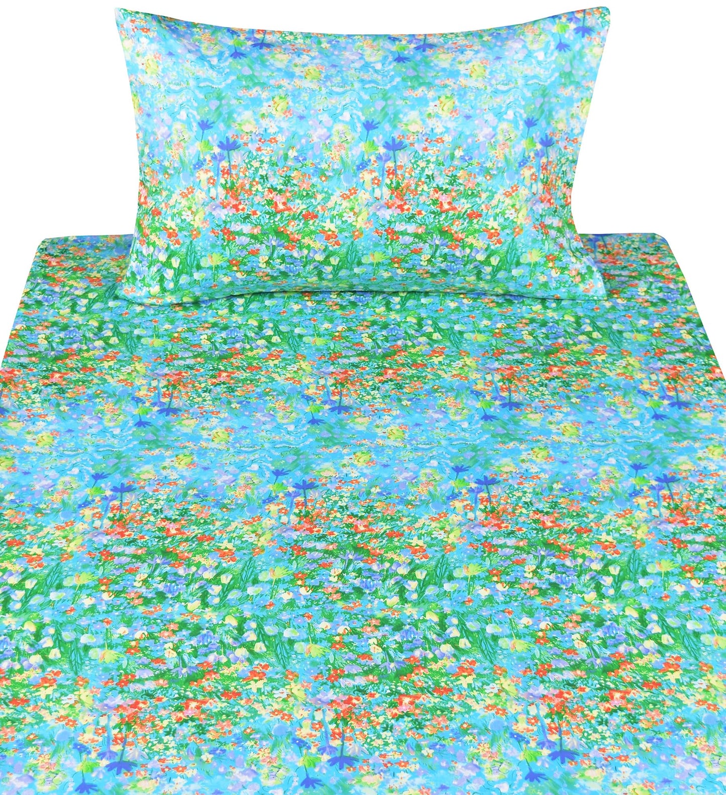 Scientific Sleep Green Garden Flower Lake Impressionism Cute Fun 100% Cotton Cozy Twin Bed Sheet Set, Flat Sheet & Fitted Sheet & Pillowcase Kids Girls Bedding Set (Green Garden, Twin)