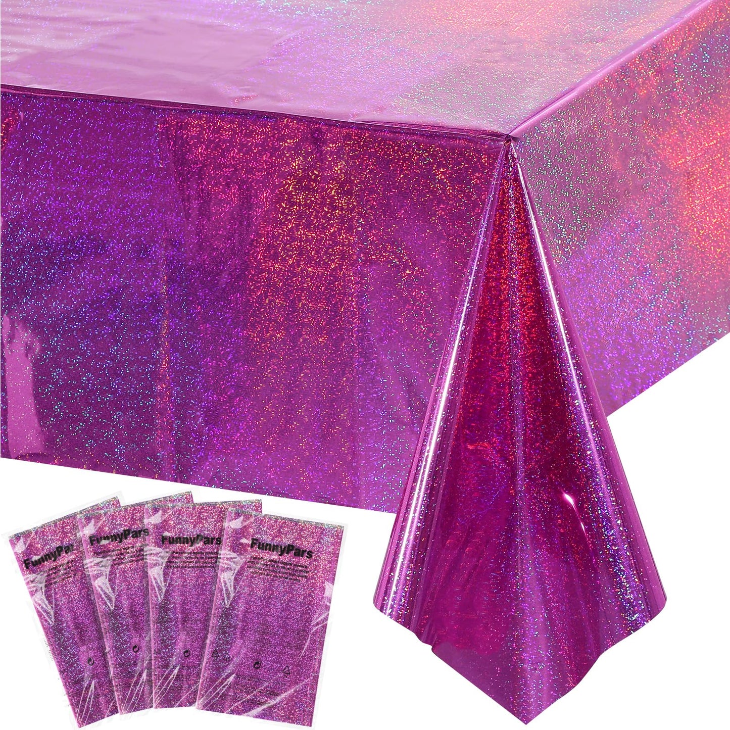 4 Pack Iridescence Plastic Tablecloths Shiny Disposable Laser Rectangle Table Covers Holographic Foil Tablecloth Iridescent Kpop Birthday Bridal Wedding Party Decoration, 54" x 108"(Pink & Purple)