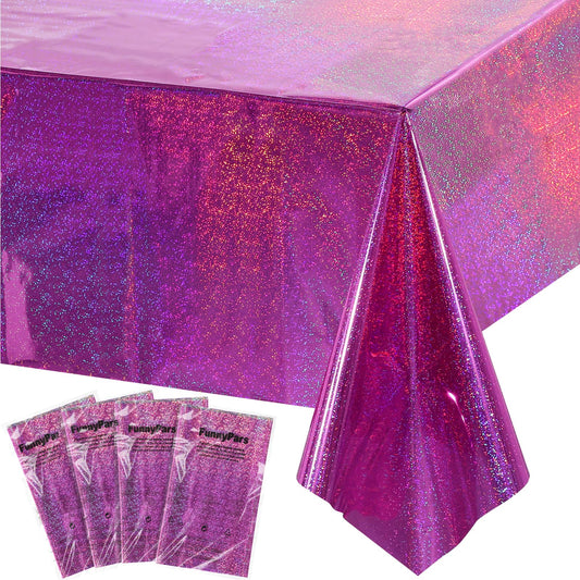 4 Pack Iridescence Plastic Tablecloths Shiny Disposable Laser Rectangle Table Covers Holographic Foil Tablecloth Iridescent Kpop Birthday Bridal Wedding Party Decoration, 54" x 108"(Pink & Purple)