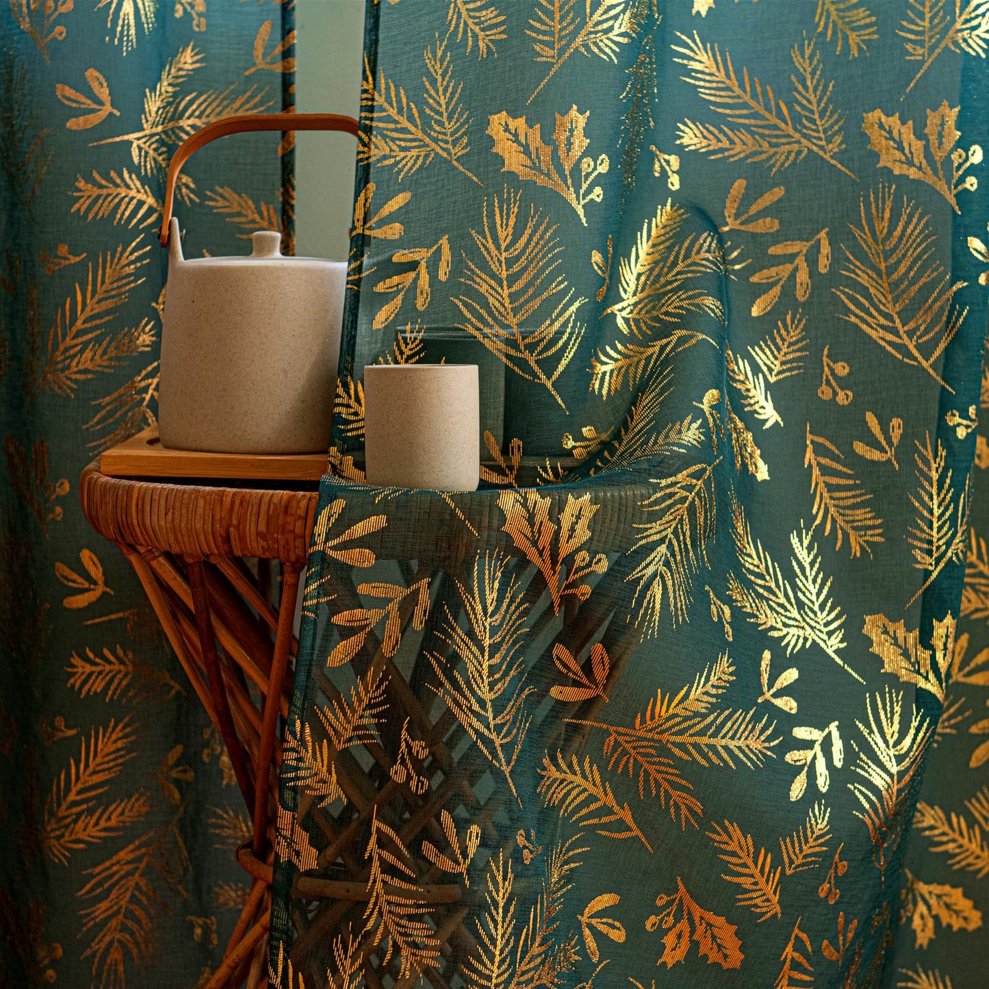 Deeprove Emerald Green Sheer Curtains 84 inches Long 2 Panels for Bedroom Living Room Xmas Decor Gliter Luxury Metallic Gold Foil Leaf Print Golden Window Treatments Pair Set, W52 x L84 Inch