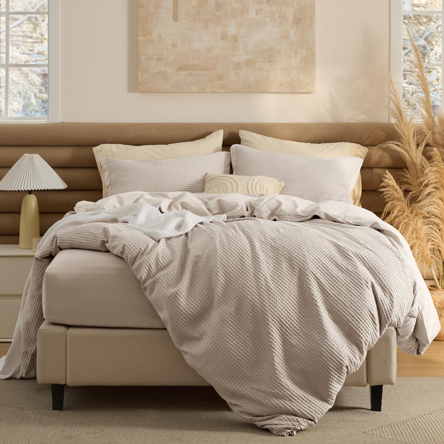 Bedsure 100% Cotton Duvet Cover Queen Size with Fitted Sheet - 4 Pieces Linen Waffle Weave Duvet Covers, PureWowen Breathable Bedding Set, 1 Duvet Cover 90x90, 1 Fitted Sheet, 2 Pillow Shams
