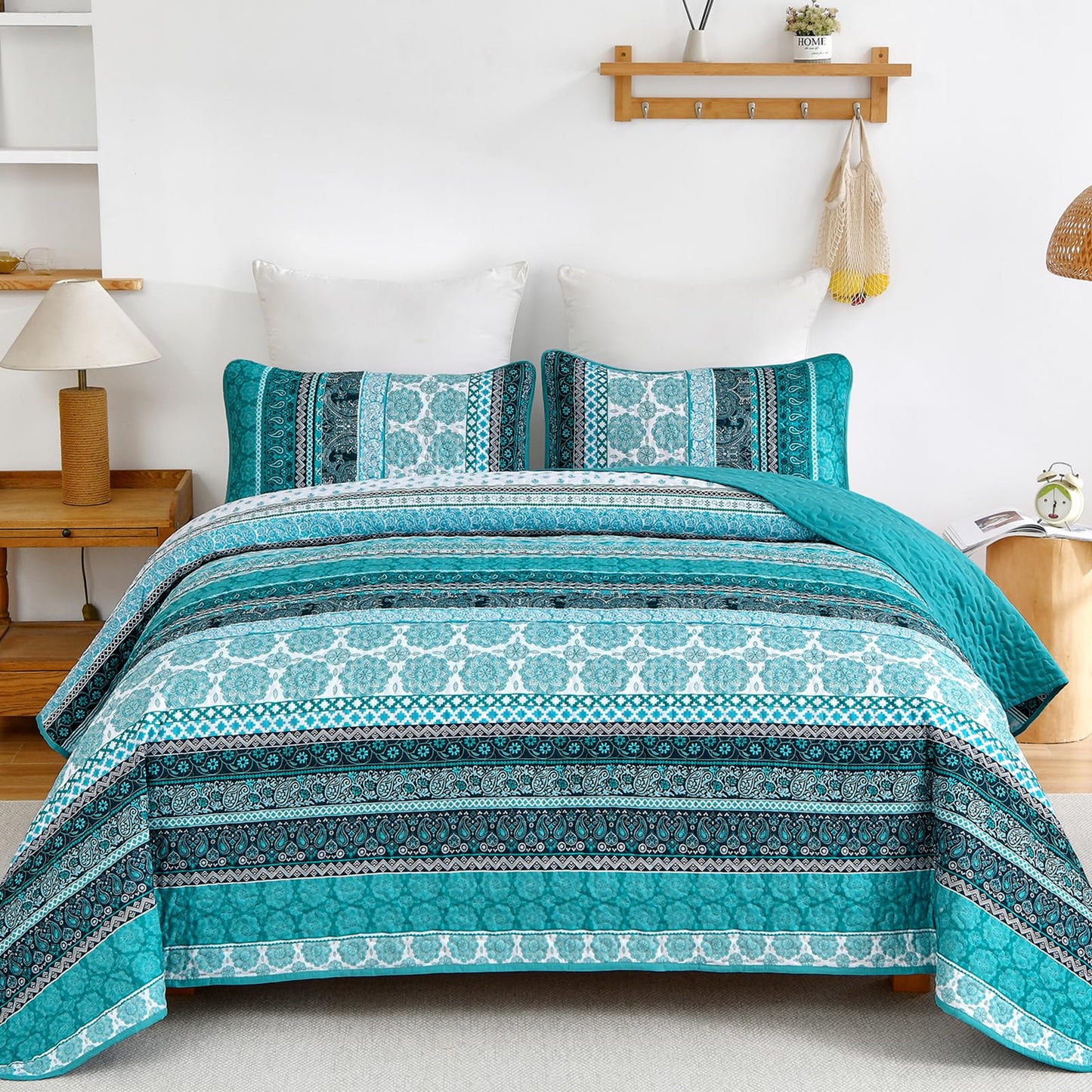 WONGS BEDDING Boho Quilt Set King Size, Teal 3 Pieces Bohemian Striped Patchwork Bedspread Coverlet, Lightweight Soft Microfiber Bedding Set for All Season (104"x90")