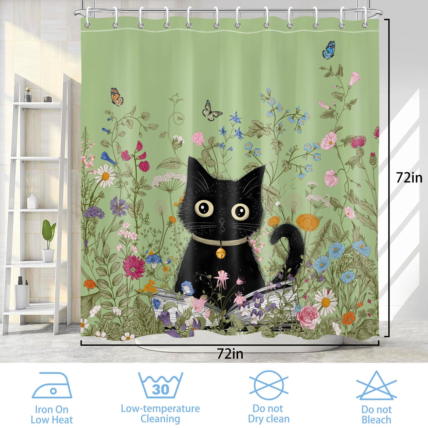 Art_Angels Cute Cat Shower Curtain Wildflower Plant Shower Curtains for Bathroom Flower Butterfly Shower Curtain Set Polyester Waterproof Cloth Fabric with Hooks, 72x72 Inches, Green