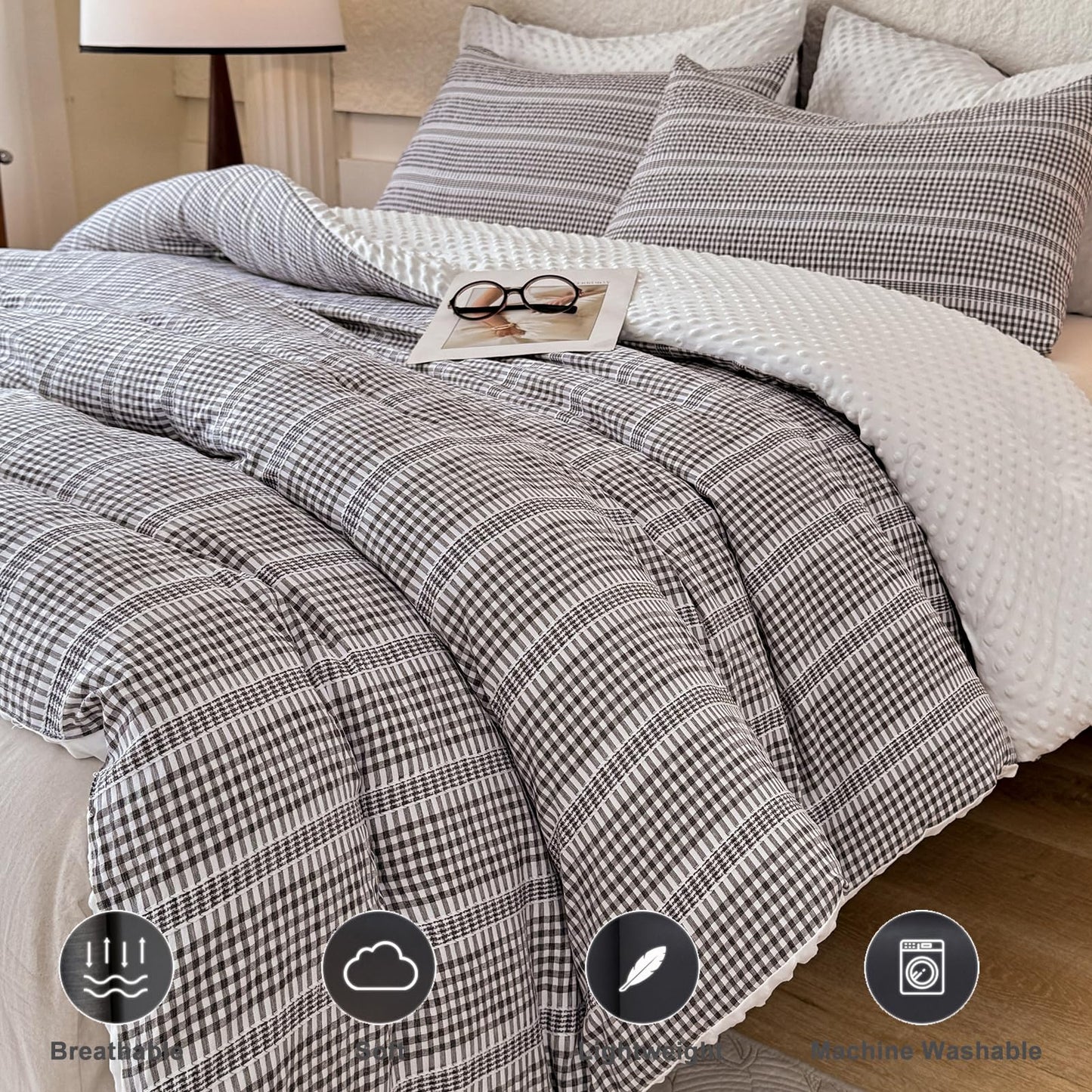 tohrisa Boho Comforter Set Twin Size - 2 Pieces Lightweight Jacquard Seersucker Bedding Sets (1 Soft Fluffy Grid Comforter & 1 Pillowcase) - All Seasons Cozy Modern Bed Set(68"x90" Dark Grey)