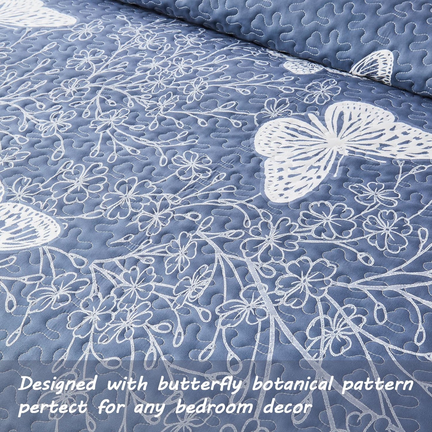 Yogeneg Full Queen Size Quilt Set,White Butterfly Botanical Pattern Blush Grey Bedding Set,3 Piece Lightweight Soft Summer Bedspread Coverlet with 2 PIillow Sham for All Season(Butterfly,90"x96")