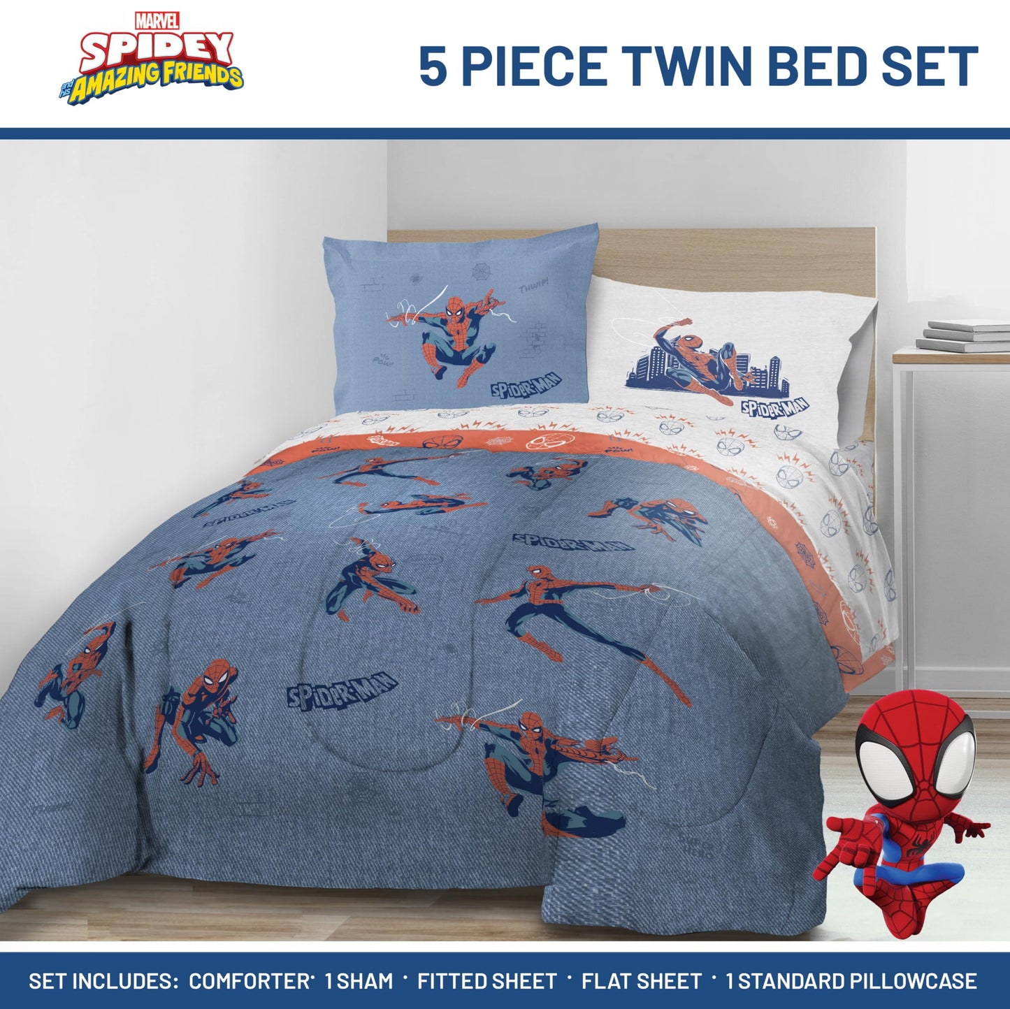 Jay Franco Kids Comforter Set Includes Sheets and Pillow Covers - Soft and Cozy Bed Set for Stylish Room Decor, Official Licensed Bedding, Blue - Spiderman, 5 Piece Twin
