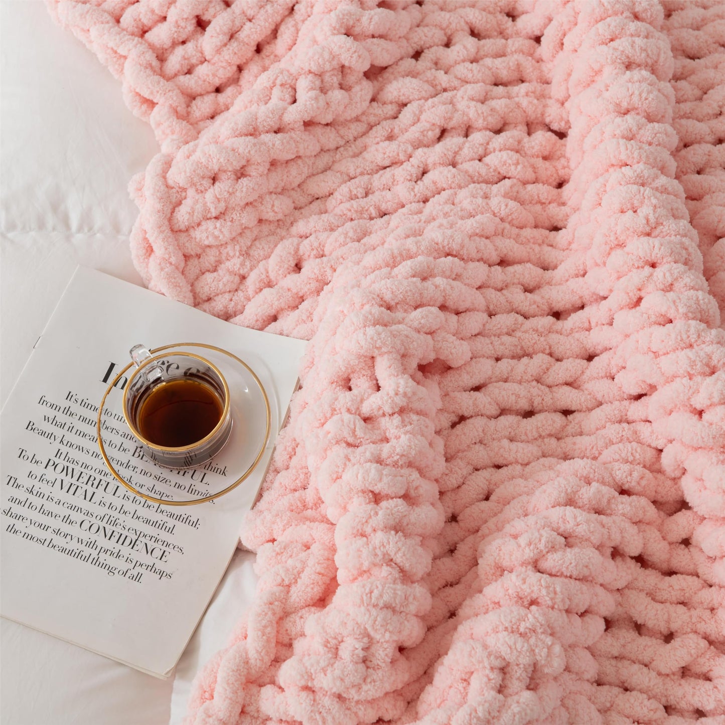 RIWASURNA Chunky Knit Blanket Throw 51"×63" Knitted Throw Blankets for Couch Bed Fluffy Soft Blanket with Jumbo Chenille Yarn Thick 100% Handmade(Pink)