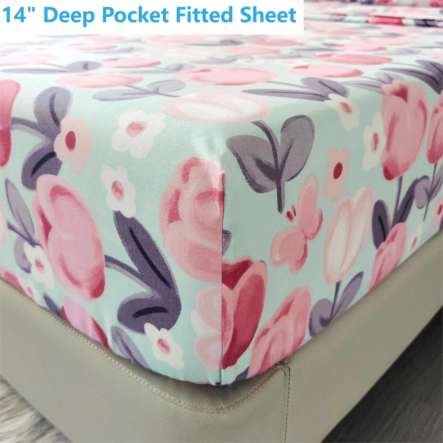SDIII Pink Floral Full Fitted Sheet with 2 Pillowcases, Deep Pocket Soft Microfiber Romantic Blush Pink Floral Sheet Full All Season