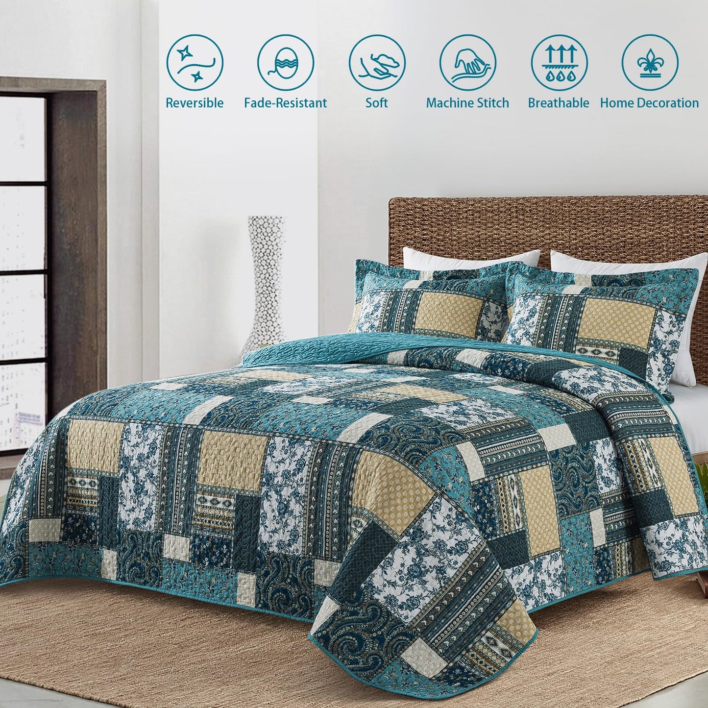 TWINRUN California King Quilt, Cotton California King Quilt Sets (108 X 118 Inch), 3 Piece Farmhouse Patchwork Bedspread, Lightweight Oversized King Quilt Coverlet for All-Season