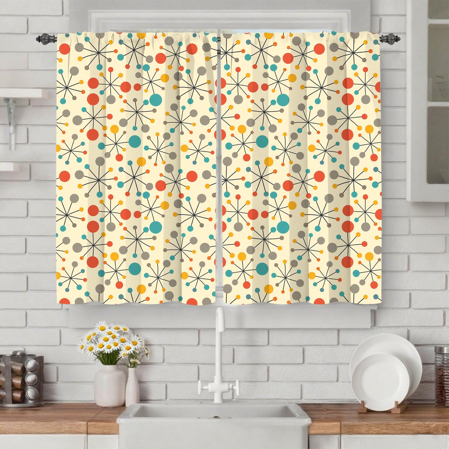 Worltoldb Mid Century Kitchen Curtains Cafe Curtains for Bathroom Dining Room Living Room Pocket Window Drapes 2 Panels Set 28"x36"