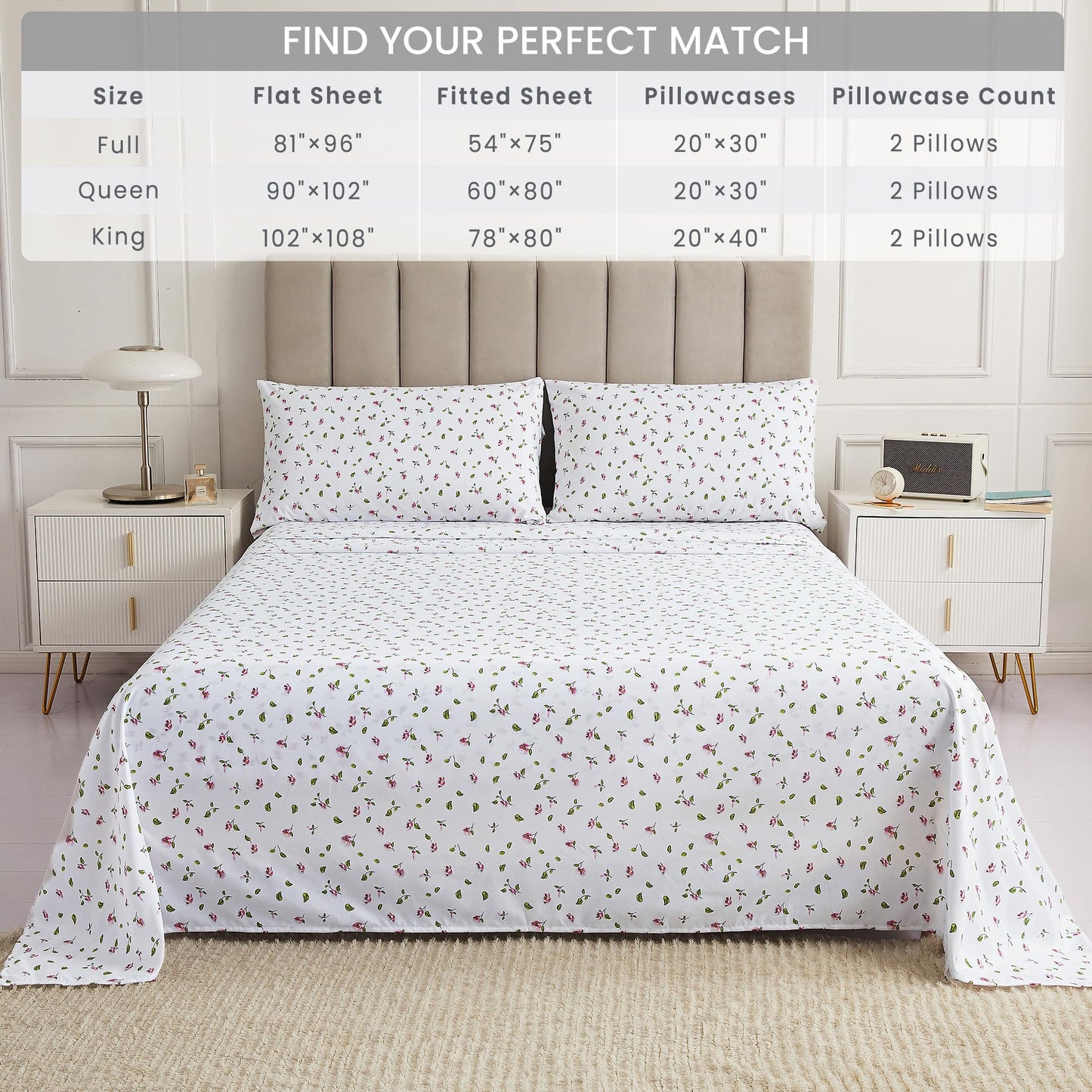 Mooreeke Queen Sheets Set - 4 Pieces Soft Breathable Microfiber Bed Sheet Set - Pink Flower Green Leaf Pattern Sheet Set - Deep Pocket Non-Slip Floral Printed Fitted Sheet Included for All Season
