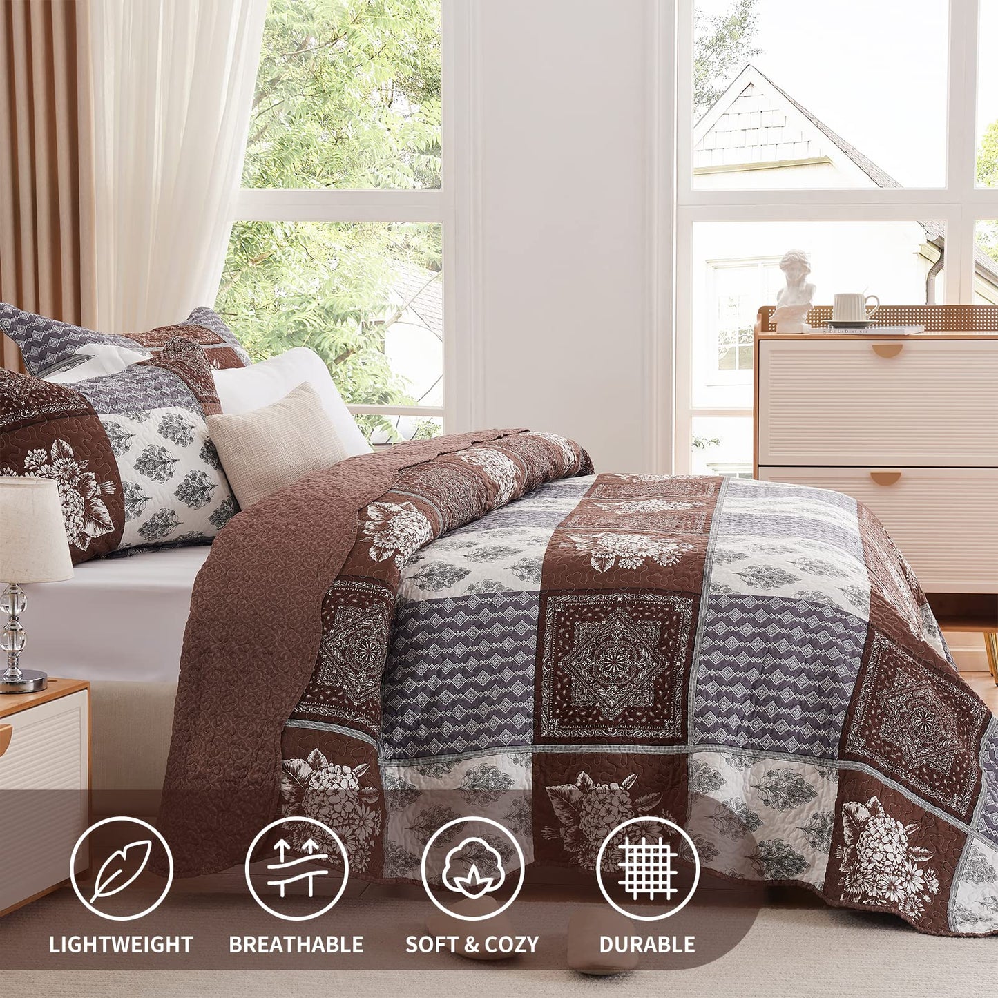 Full/Queen Size Quilt Set 3 Pieces Lightweight Reversible Bedspread-90''x98'' Soft Patchwork Border Floral Coverlet Warm Microfiber Bed Cover for All Seasons Brown Bedding Set(1 Quilt,2 Pillow Shams)