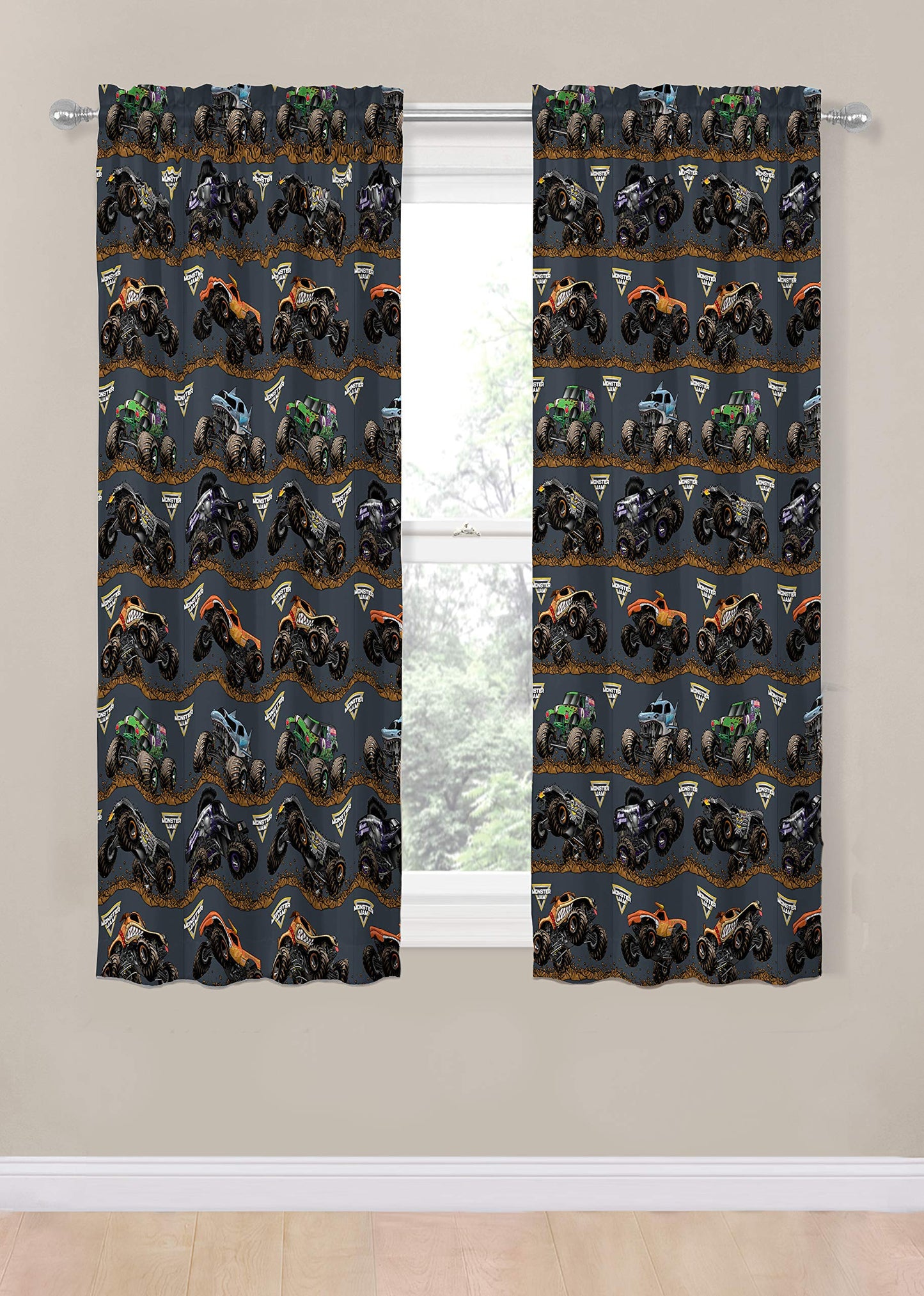 Jay Franco Monster Jam Kids Curtains, 4-Piece Drape Set with 2 Tiebacks, 42" W x 63" L Rod Pocket Window Drapes, Super Soft Microfiber, Light Filtering, Machine Washable (Officially Licensed)
