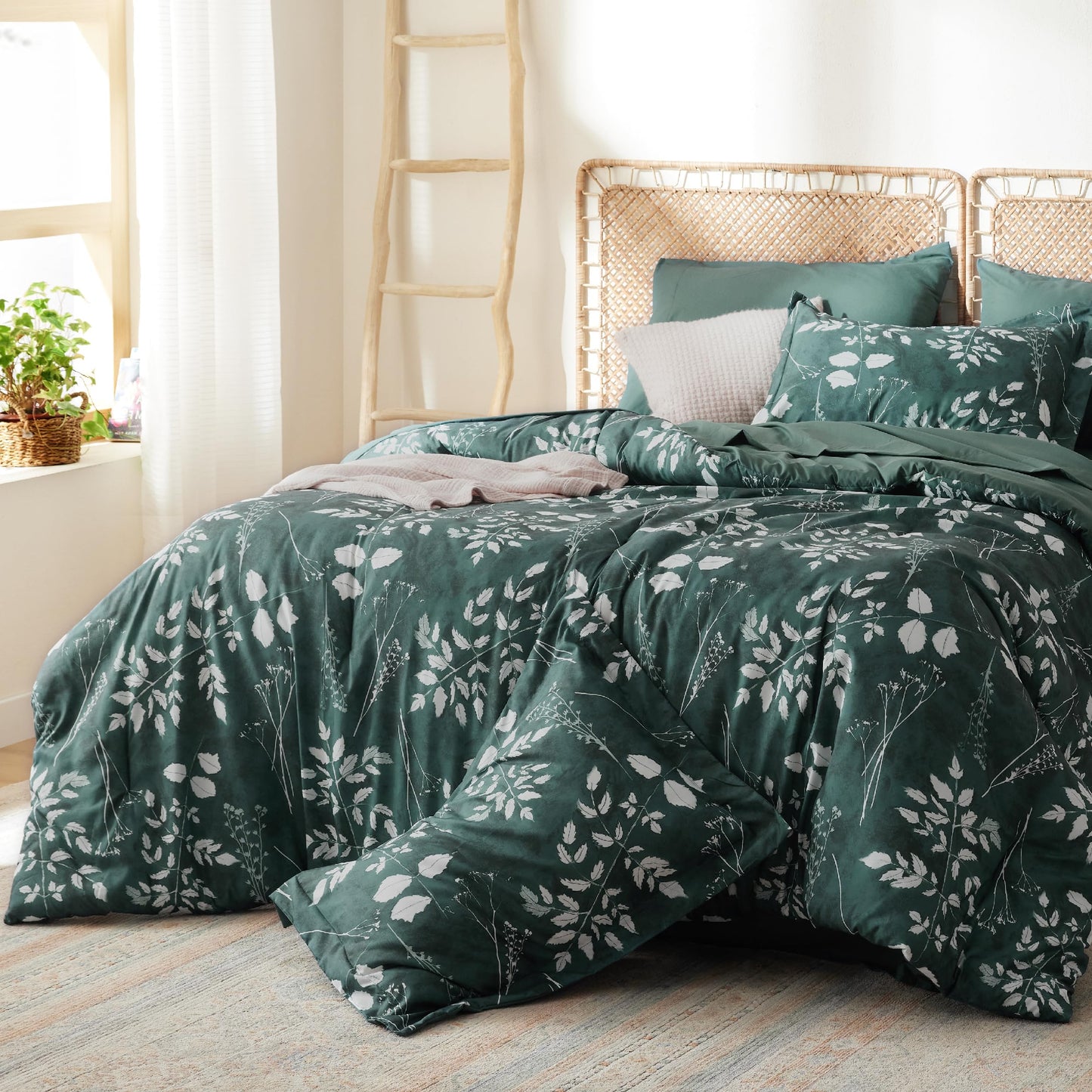 Bedsure Queen Comforter Set - 7 Pieces Floral Forest Green Soft Bedding Sets, Queen Bed in a Bag with Botanical Flowers Comforter, Sheets, Pillowcases & Shams