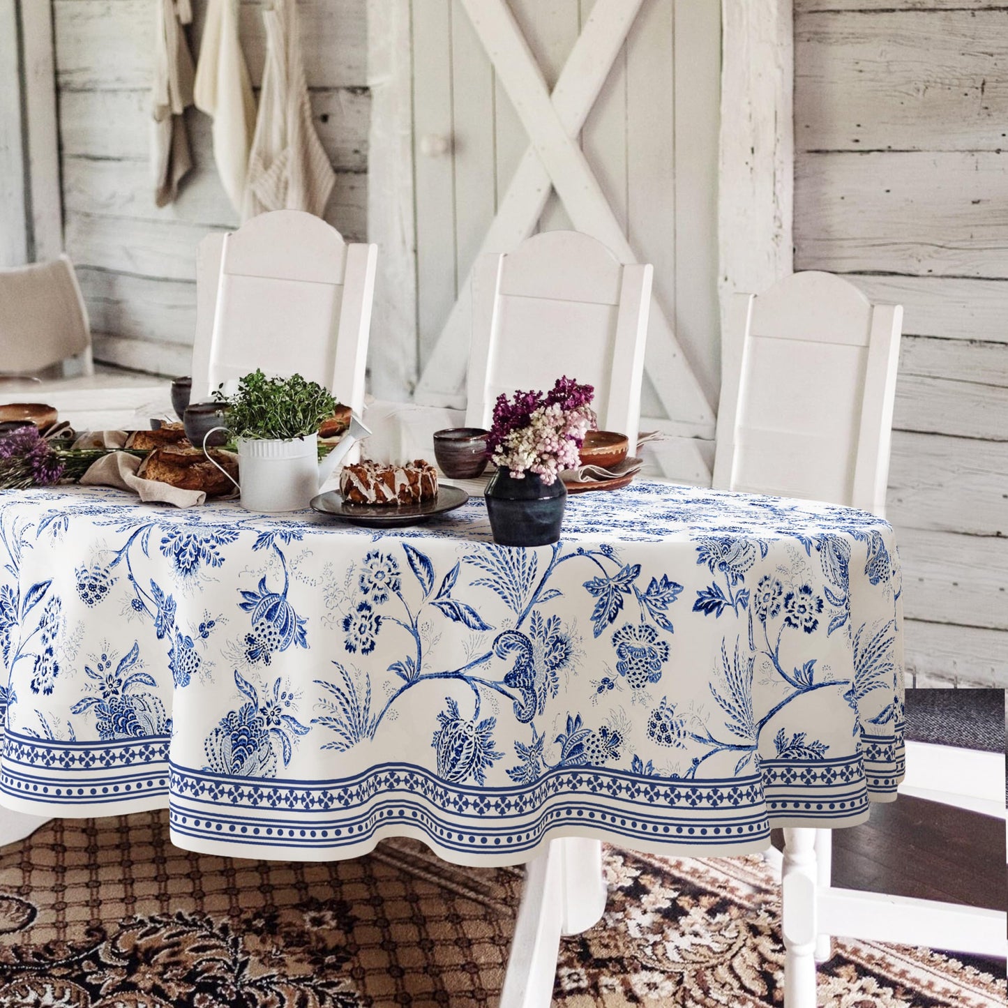 ywionf Blue Floral Oval Tablecloth,60x84inch,Blue and White French Country Style Tablecloth,Country Style Flower Polyester Waterproof Table Cloth,Suitable for Farmhouse Kitchen,Party,and Picnic