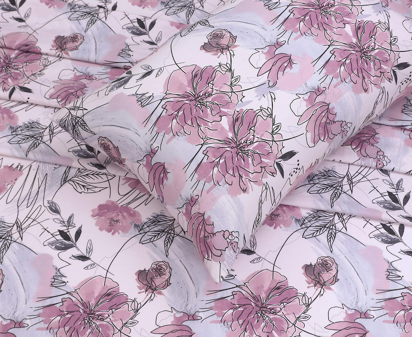 RUVANTI 100% Cotton Percale Sheets Queen Size, Lilac Floral