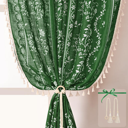 Yinhua Boho Curtains for Living Room 84 Inch Length Vintage Linen Curtains for Bedroom Light Filtering Floral Window Curtain Rod Pocket & Back Tabs Rustic Tassel Drapes with Tiebacks, Olive Green