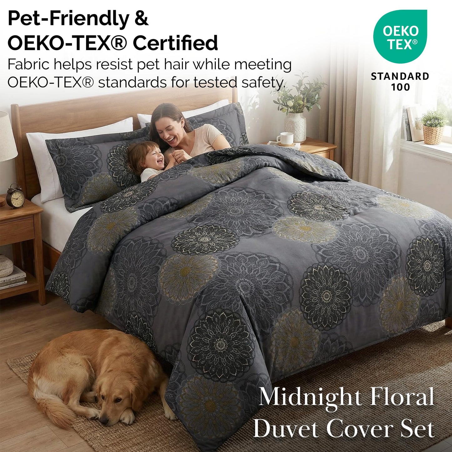 Southshore Fine Living, Inc. Oversized Floral Duvet Cover King Size/California, Reversible Cal King Duvet Cover Set, Pet Hair Resistant Bedding, 2 Pillow Shams, Insert Not Included - Midnight Black
