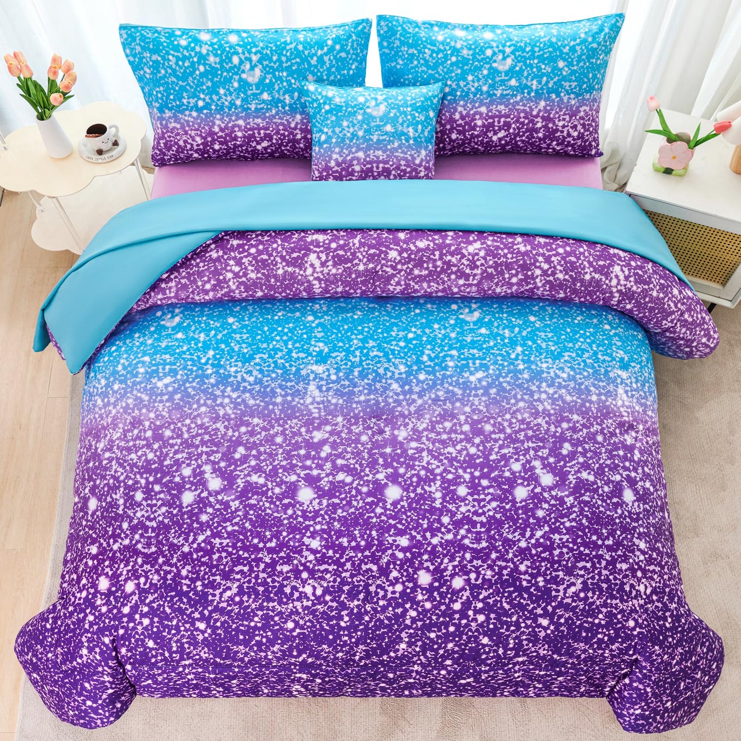 RYNGHIPY Blue Purple Girls Bedding Set 3D Colorful Galaxy Starry Comforter Sets for Girls Kids Twin Lightweight Soft Rainbow Bed in A Bag