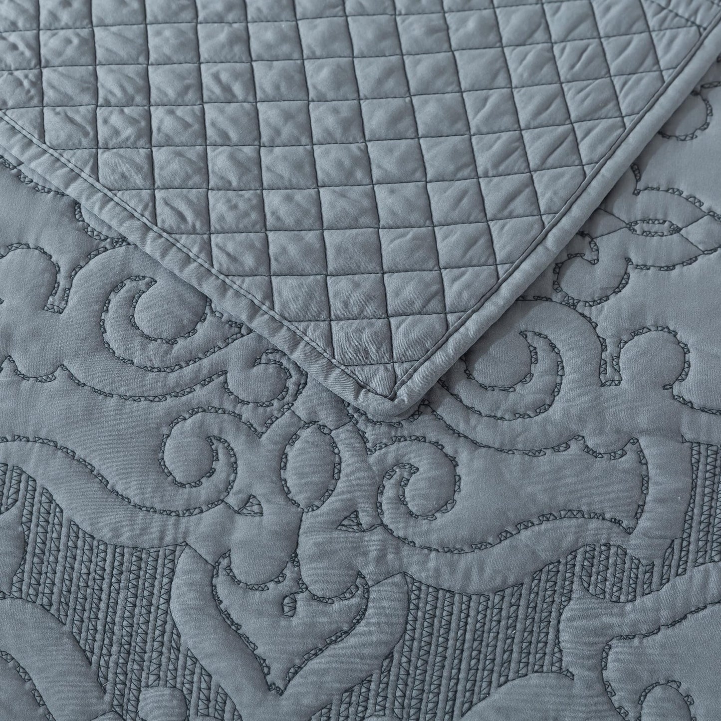 NEWLAKE Reversible Quilt Bedspread Embroidered Microfiber Coverlet Set,Jacquard Embossed Floral,Grey, Queen Size