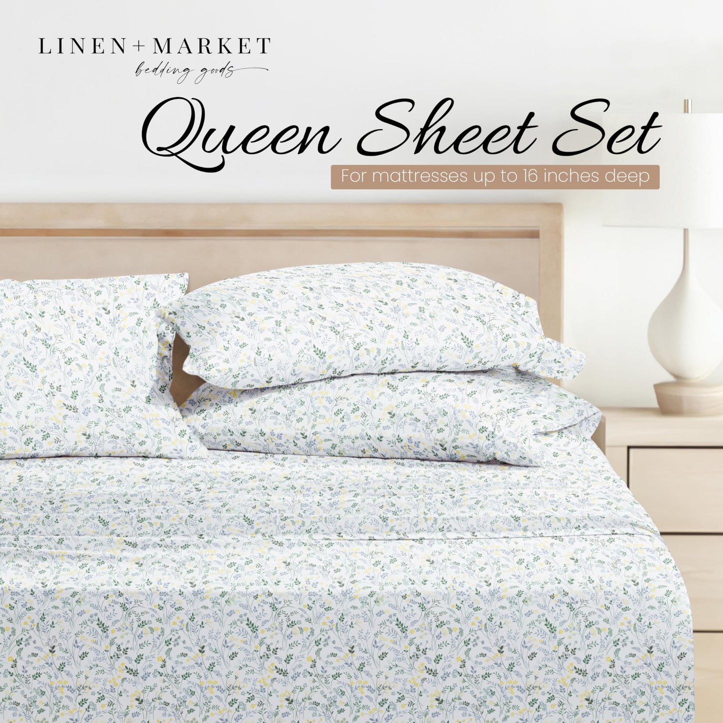 Linen Market Patterned Microfiber Queen Sheet Set 4 Piece – Oeko-TEX Certified Ultra Soft & Wrinkle-Free - 16" Deep Pocket Sheets - Easy Care Queen Size - Wildflower Light Blue