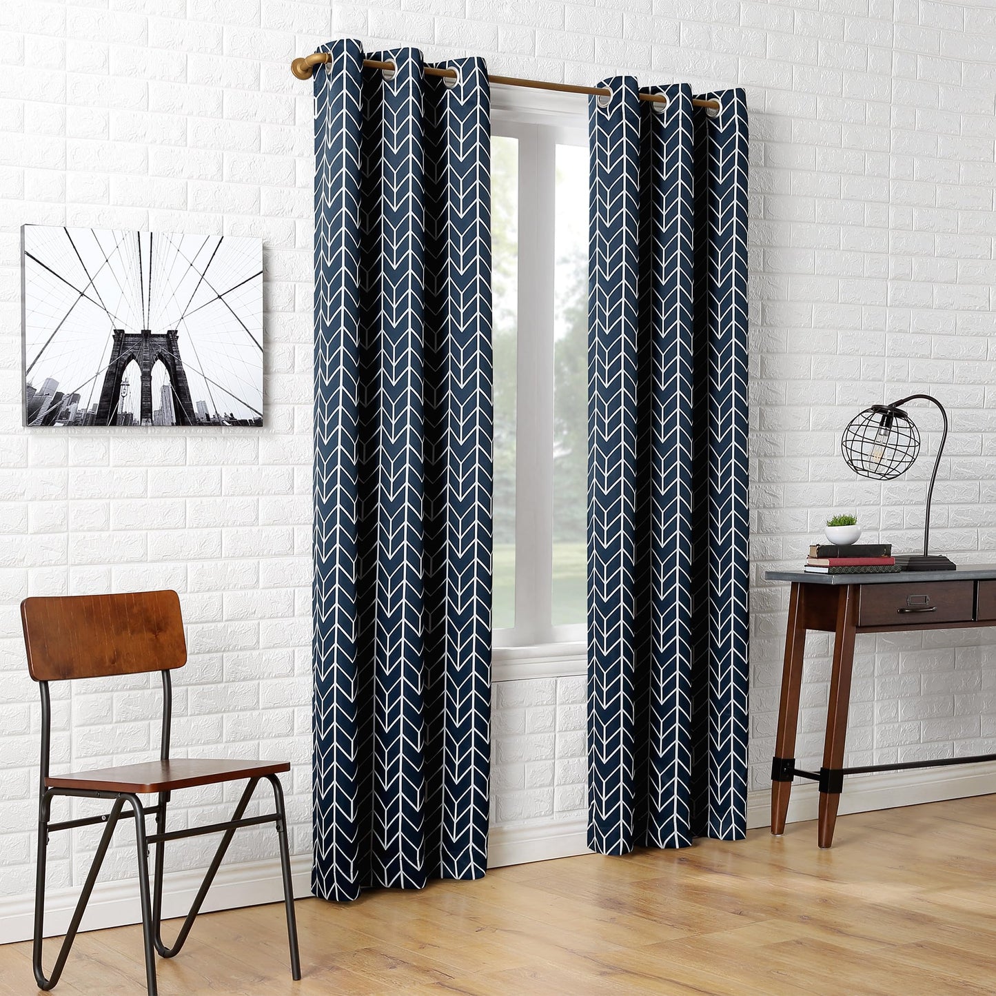 Sun Zero Kenwood Chevron Blackout Grommet Curtain Panel, 40" x 84", Navy Blue