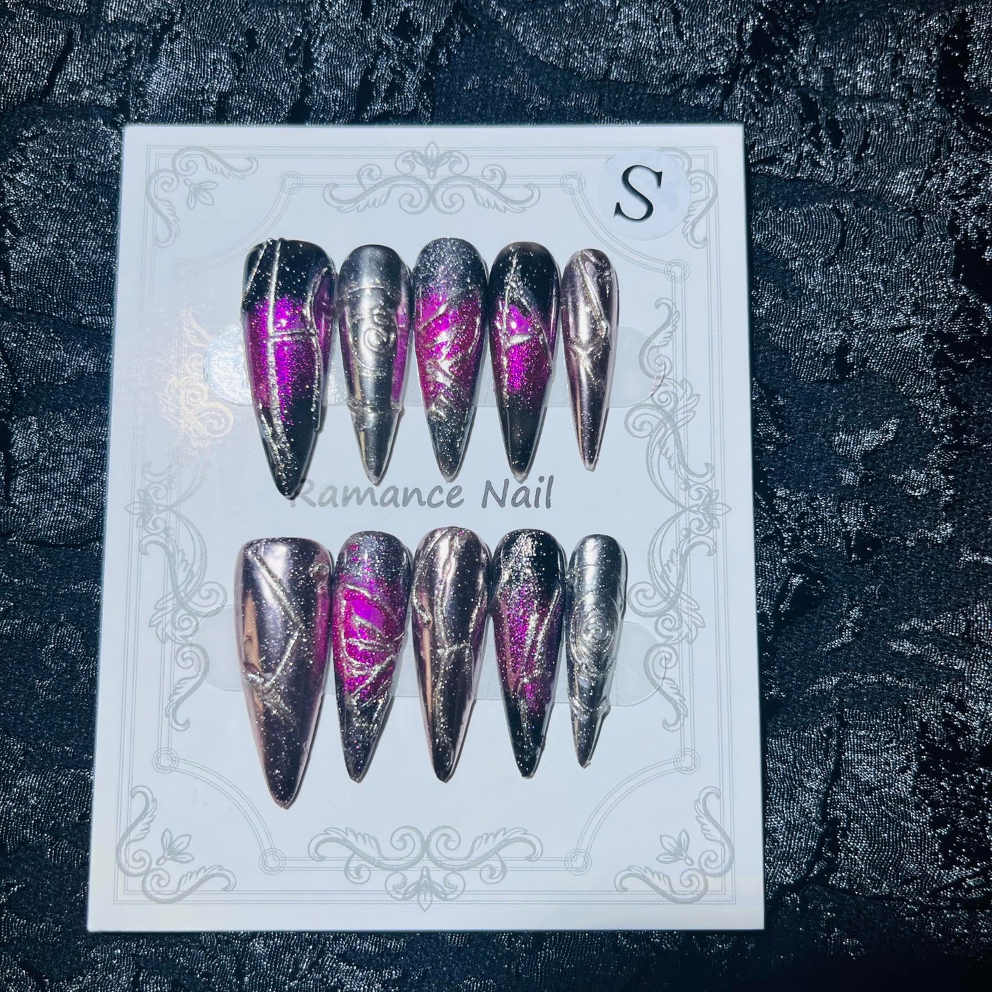 Press on Nails Handmade Nails 10Pcs Gothic Style Manual Nail Art Dark Purple Fake Nails for Women Party Holiday Photo 3.0CM Size S