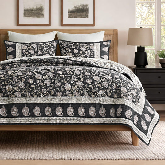 EverGrace Cotton Quilt Set King Size, 100% Cotton Reversible Lightweight Bedspread Coverlet, Vintage Floral Farmhouse Bedding, Traditional Botanical Quilt with 2 Pillow Shams, Ebony Taupe 108"×96"
