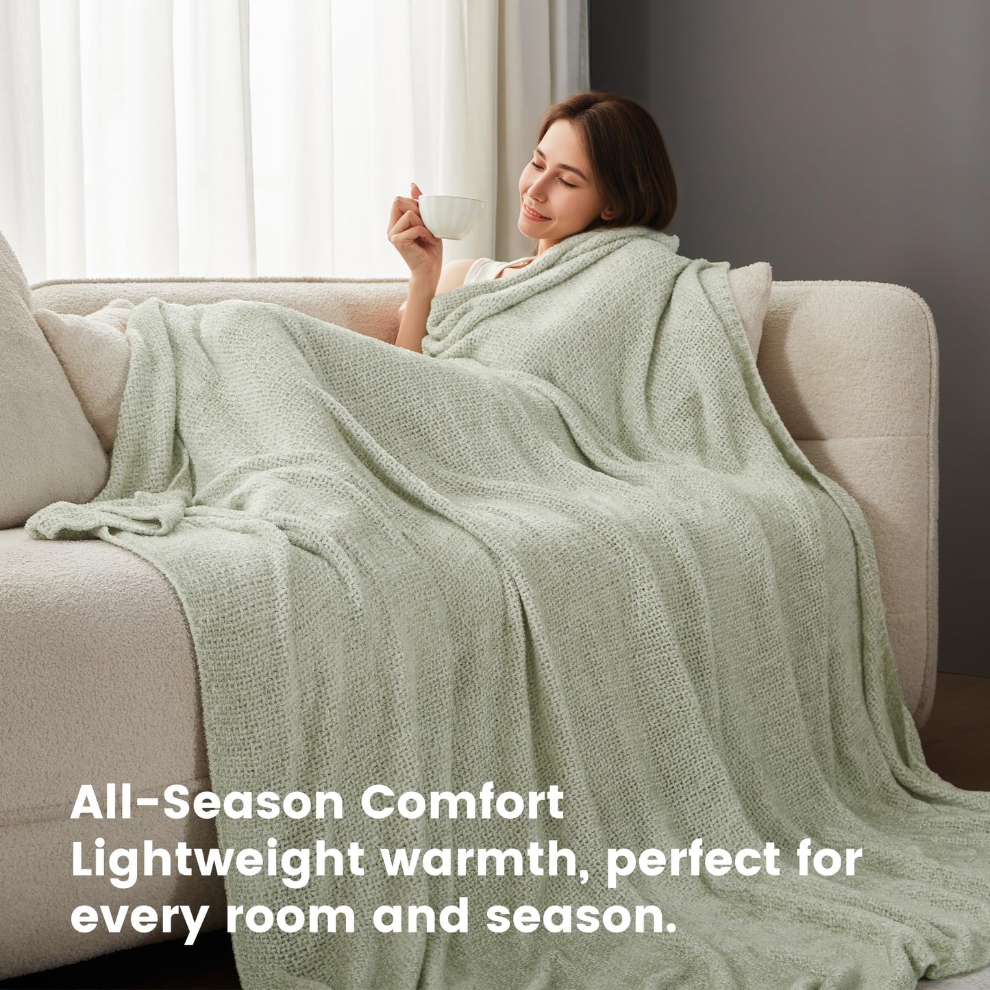 SLEEP ZONE Decoration Throw Blanket for Couch, Jersey Knit Luxury Blankets for Bed Living Room Sofa Chair 90"x90", Light Green