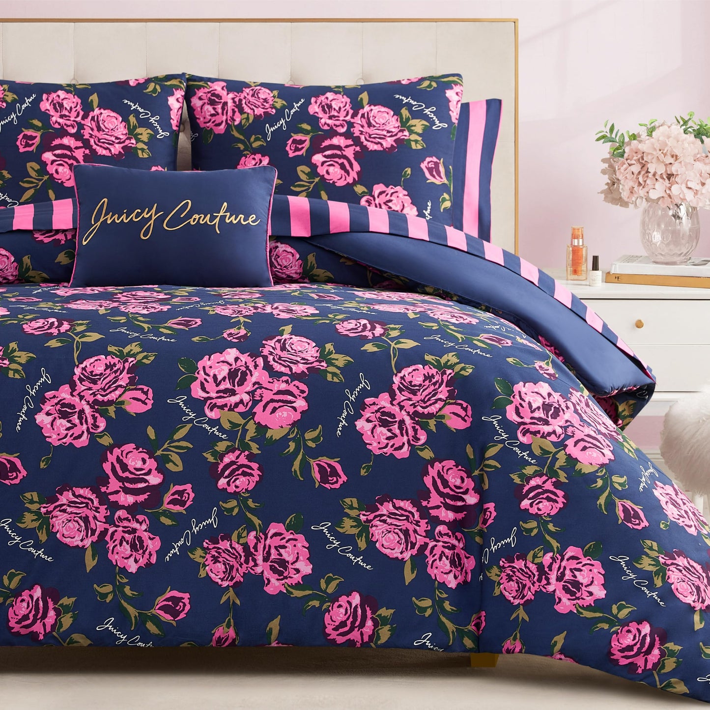 Juicy Couture Rose Logo King Comforter Set, Navy/Pink – 8-Piece Complete Bed in a Bag