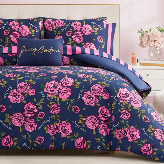 Juicy Couture Rose Logo King Comforter Set, Navy/Pink – 8-Piece Complete Bed in a Bag