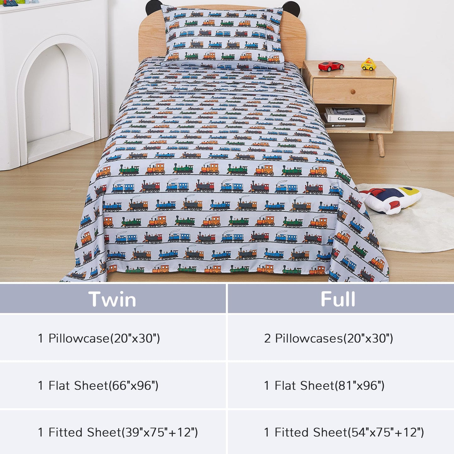 Viviland 3 Pieces Boys Grey Twin Sheet Set - Soft Microfiber Fitted Flat Sheets & Pillowcase - Retro Train Print Bedding Sets - for Kids & Toddlers