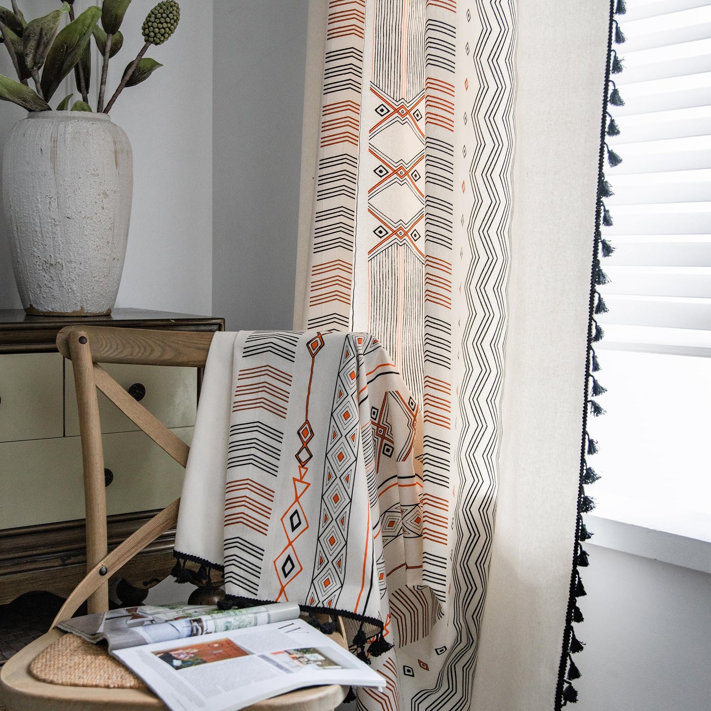ColorBird Boho Curtains 2 Panels 84 Inches Length Orange Patterned Window Treatment Striped Geometric Aztec Western Curtain & Drapes for Living Bedroom Dining Room Boho Chic Deco