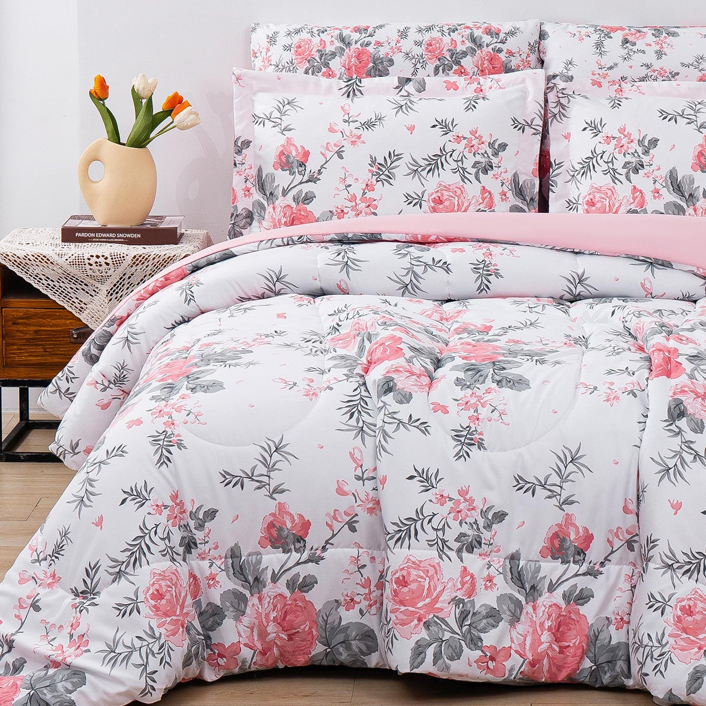 lasoftan Floral King Comforter Set with Sheets, 7 piece Luxury Vintage Bedding, Soft Microfiber Bed in a Bag, Cozy Lightweight Bed Set, Pink Flower Grey Leaf
