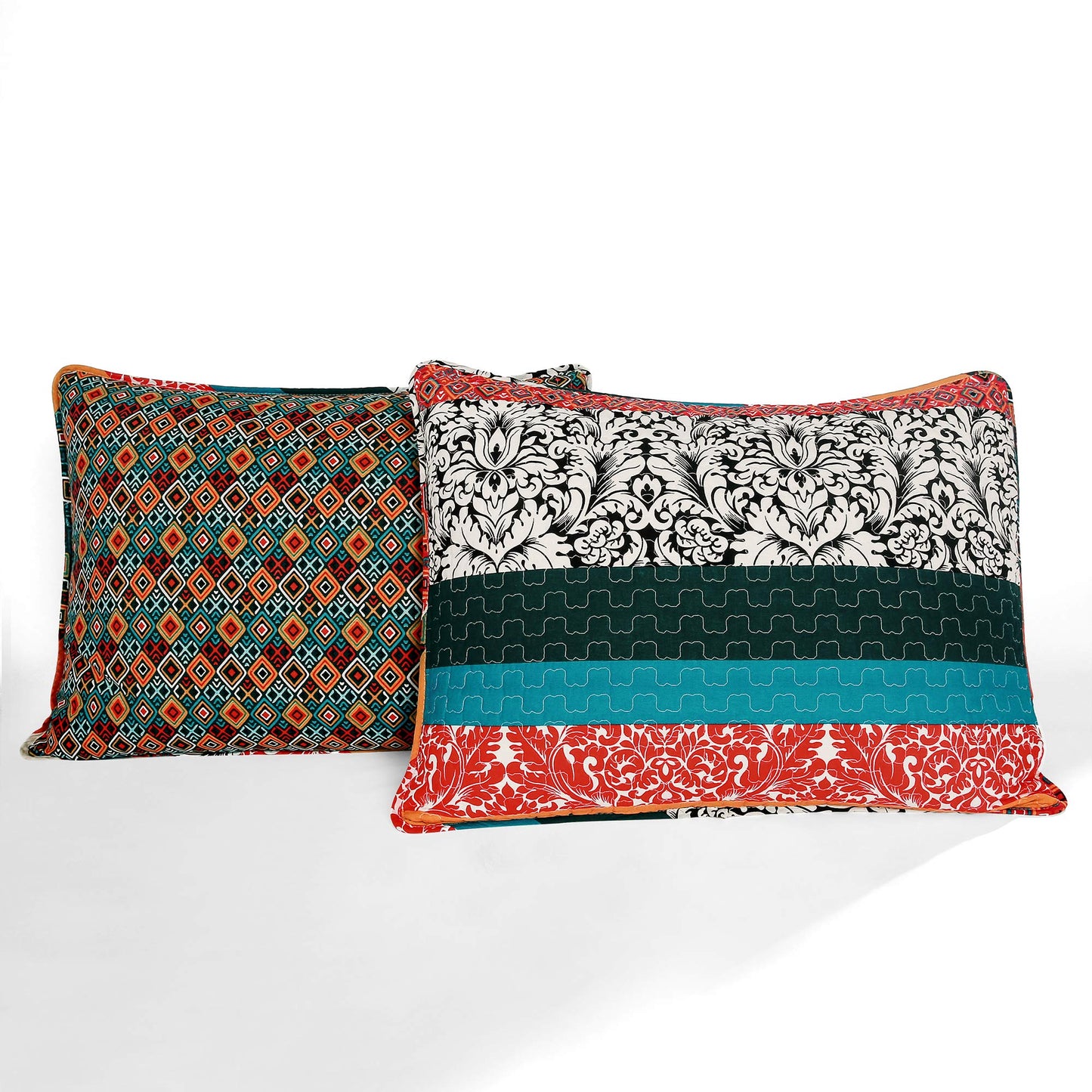 Lush Decor Boho Stripe Reversible Cotton Quilt 3-Piece Set, Full/ Queen, Turquoise & Tangerine - Bold Colorful Bohemian Bedding Set
