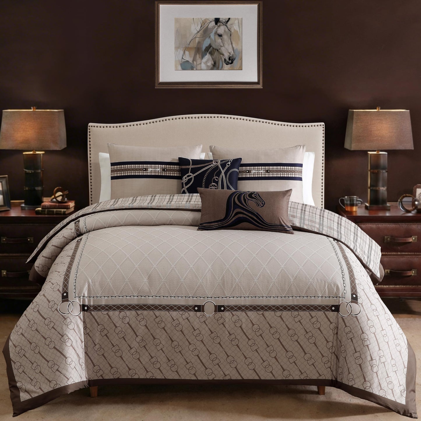 Bebejan Equestrian 5 Piece Comforter Set, 100% Cotton Sateen, 220 Thread Count, Tan Reversible Bedding Comforter Set, 1 Comforter, 2 Shams & 2 Pillows (King/Cal King)