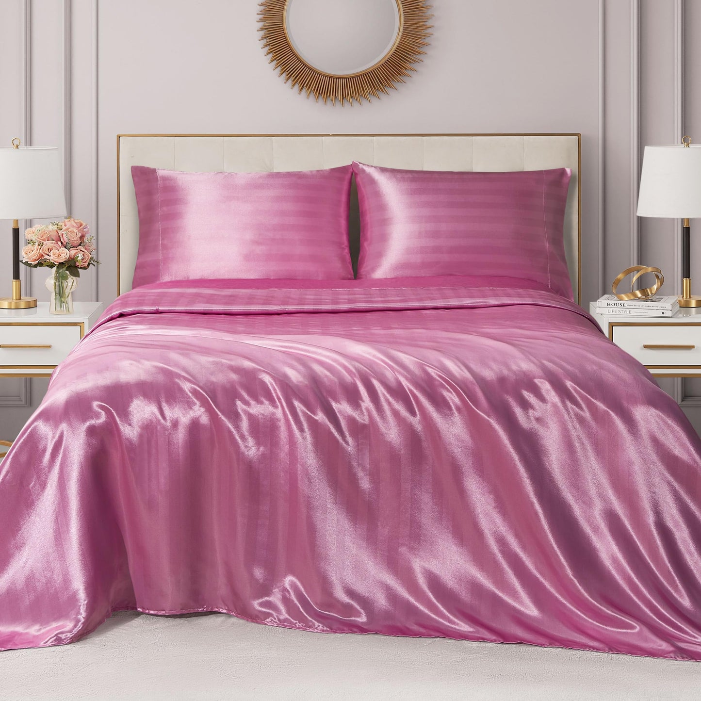 Juicy Couture Silky Satin Damask Sheet Set - Luxury Pink Bedding - Smooth Striped Sheets - Full Size